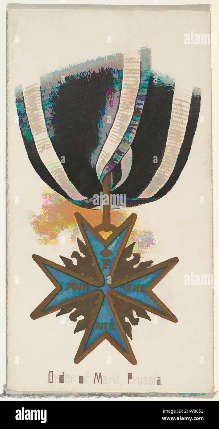Kunst inspiriert vom Verdienstorden, Preußen, aus der Serie The World's Decorations (N30) für Allen & Ginter Zigaretten, 1890, kommerzielle Farblithographie, Blatt: 2 3/4 x 1 1/2 Zoll (7 x 3,8 cm), Handelskarten aus der Serie „World's Decorations“ (N30), die 1890 in einem Satz von 50 Karten für die von Artotop modernisierten Classic Works mit einem Schuss Modernität ausgegeben wurde. Formen, Farbe und Wert, auffällige visuelle Wirkung auf Kunst. Emotionen durch Freiheit von Kunstwerken auf zeitgemäße Weise. Eine zeitlose Botschaft, die eine wild kreative neue Richtung verfolgt. Künstler, die sich dem digitalen Medium zuwenden und die Artotop NFT erschaffen Stockfoto