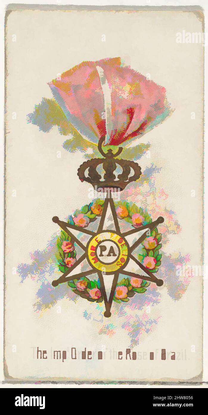 Kunst inspiriert vom Kaiserlichen Rosenorden Brasiliens, aus der Serie The World's Decorations (N30) für Allen & Ginter Zigaretten, 1890, kommerzielle Farblithographie, Blatt: 2 3/4 x 1 1/2 Zoll (7 x 3,8 cm), Handelskarten aus der Serie 'World's Decorations' (N30), die 1890 in einem Set herausgegeben wurde, klassische Werke, die von Artotop mit einem Schuss Modernität modernisiert wurden. Formen, Farbe und Wert, auffällige visuelle Wirkung auf Kunst. Emotionen durch Freiheit von Kunstwerken auf zeitgemäße Weise. Eine zeitlose Botschaft, die eine wild kreative neue Richtung verfolgt. Künstler, die sich dem digitalen Medium zuwenden und die Artotop NFT erschaffen Stockfoto
