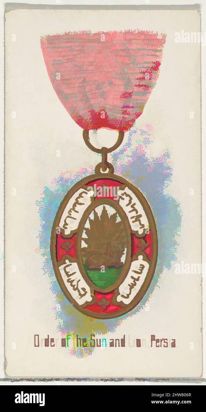 Art Inspired by Order of the Sun and Lion, Persia, from the World's Decorations Series (N30) for Allen & Ginter Cigarettes, 1890, kommerzielle Farblithographie, Blatt: 2 3/4 x 1 1/2 Zoll (7 x 3,8 cm), Handelskarten aus der Serie „World's Decorations“ (N30), die 1890 in einem Set von 50 Stück herausgegeben wurde, Klassisches Werk, das von Artotop mit einem Schuss Moderne modernisiert wurde. Formen, Farbe und Wert, auffällige visuelle Wirkung auf Kunst. Emotionen durch Freiheit von Kunstwerken auf zeitgemäße Weise. Eine zeitlose Botschaft, die eine wild kreative neue Richtung verfolgt. Künstler, die sich dem digitalen Medium zuwenden und die Artotop NFT erschaffen Stockfoto