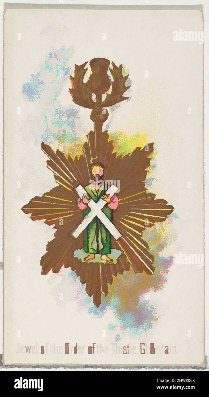 Kunst inspiriert von Jewel of the Order of the Thistle, Großbritannien, aus der World's Decorations Series (N30) for Allen & Ginter Cigarettes, 1890, kommerzielle Farblithographie, Blatt: 2 3/4 x 1 1/2 Zoll (7 x 3,8 cm), Handelskarten aus der Serie 'World's Decorations' (N30), herausgegeben 1890, Klassisches Werk, modernisiert von Artotop mit einem Schuss Modernität. Formen, Farbe und Wert, auffällige visuelle Wirkung auf Kunst. Emotionen durch Freiheit von Kunstwerken auf zeitgemäße Weise. Eine zeitlose Botschaft, die eine wild kreative neue Richtung verfolgt. Künstler, die sich dem digitalen Medium zuwenden und die Artotop NFT erschaffen Stockfoto