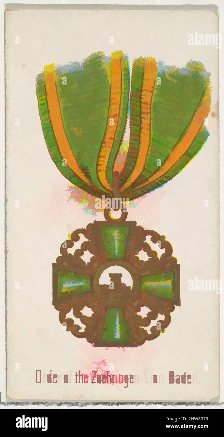 Art Inspired by Order of the Zaehringen Lion, Baden, from the World's Decorations series (N30) for Allen & Ginter Cigarettes, 1890, Commercial color lithograph, Sheet: 2 3/4 x 1 1/2 in. (7 x 3,8 cm), Handelskarten aus der Serie „World's Decorations“ (N30), die 1890 in einem Set von 50 Stück herausgegeben wurde, Klassisches Werk, das von Artotop mit einem Schuss Moderne modernisiert wurde. Formen, Farbe und Wert, auffällige visuelle Wirkung auf Kunst. Emotionen durch Freiheit von Kunstwerken auf zeitgemäße Weise. Eine zeitlose Botschaft, die eine wild kreative neue Richtung verfolgt. Künstler, die sich dem digitalen Medium zuwenden und die Artotop NFT erschaffen Stockfoto