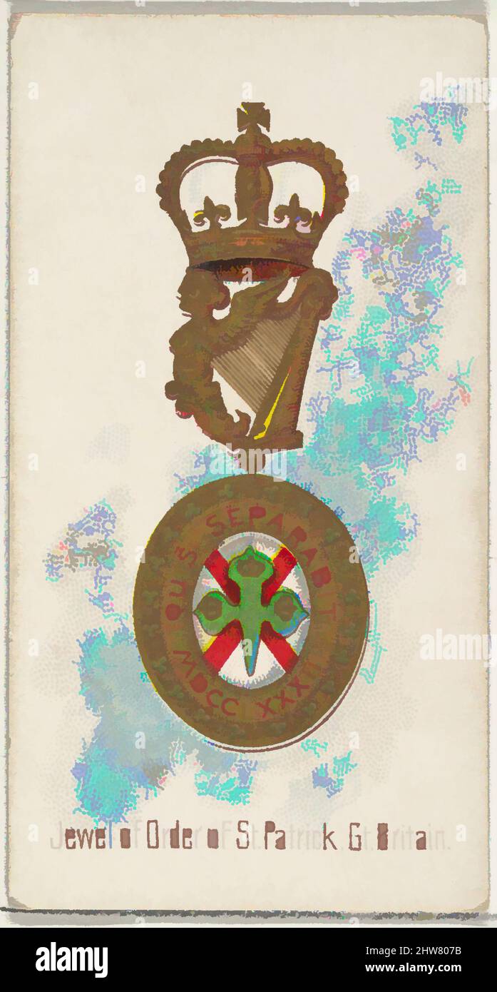 Kunst inspiriert von Jewel of the Order of St. Patrick, Großbritannien, aus der World's Decorations Series (N30) for Allen & Ginter Cigarettes, 1890, kommerzielle Farblithographie, Blatt: 2 3/4 x 1 1/2 Zoll (7 x 3,8 cm), Handelskarten aus der Serie 'World's Decorations' (N30), herausgegeben 1890, Klassisches Werk, modernisiert von Artotop mit einem Schuss Modernität. Formen, Farbe und Wert, auffällige visuelle Wirkung auf Kunst. Emotionen durch Freiheit von Kunstwerken auf zeitgemäße Weise. Eine zeitlose Botschaft, die eine wild kreative neue Richtung verfolgt. Künstler, die sich dem digitalen Medium zuwenden und die Artotop NFT erschaffen Stockfoto