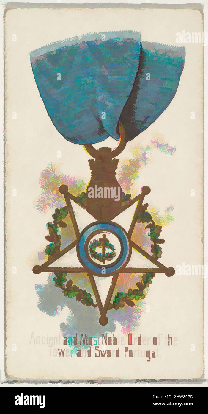 Kunst inspiriert von der antiken und nobelsten Order of the Tower and Sword, Portugal, aus der Serie The World's Decorations (N30) für Allen & Ginter Zigaretten, 1890, kommerzielle Farblithographie, Blatt: 2 3/4 x 1 1/2 Zoll (7 x 3,8 cm), Handelskarten aus der Serie 'World's Decorations' (N30, Klassisches Werk, modernisiert von Artotop mit einem Schuss Moderne. Formen, Farbe und Wert, auffällige visuelle Wirkung auf Kunst. Emotionen durch Freiheit von Kunstwerken auf zeitgemäße Weise. Eine zeitlose Botschaft, die eine wild kreative neue Richtung verfolgt. Künstler, die sich dem digitalen Medium zuwenden und die Artotop NFT erschaffen Stockfoto