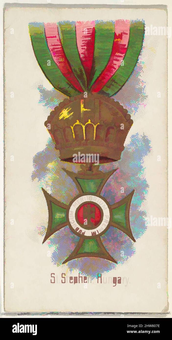 Kunst inspiriert von St. Stephen, Ungarn, aus der World's Decorations-Serie (N30) für Allen & Ginter Zigaretten, 1890, kommerzielle Farblithographie, Blatt: 2 3/4 x 1 1/2 Zoll (7 x 3,8 cm), Handelskarten aus der Serie „World's Decorations“ (N30), die 1890 in einem Satz von 50 Karten für die von Artotop modernisierten Classic Works mit einem Schuss Modernität ausgegeben wurde. Formen, Farbe und Wert, auffällige visuelle Wirkung auf Kunst. Emotionen durch Freiheit von Kunstwerken auf zeitgemäße Weise. Eine zeitlose Botschaft, die eine wild kreative neue Richtung verfolgt. Künstler, die sich dem digitalen Medium zuwenden und die Artotop NFT erschaffen Stockfoto