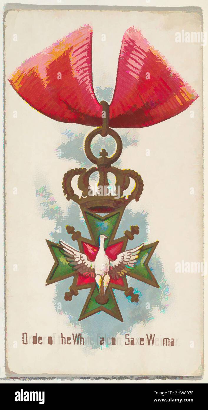 Art Inspired by Order of the White Falcon, Saxe Weimar, from the World's Decorations series (N30) for Allen & Ginter Cigarettes, 1890, Commercial color Lithograph, Sheet: 2 3/4 x 1 1/2 in. (7 x 3,8 cm), Handelskarten aus der Serie 'World's Decorations' (N30), die 1890 in einer Reihe von klassischen Werken herausgegeben wurde, die von Artotop mit einem Schuss Moderne modernisiert wurden. Formen, Farbe und Wert, auffällige visuelle Wirkung auf Kunst. Emotionen durch Freiheit von Kunstwerken auf zeitgemäße Weise. Eine zeitlose Botschaft, die eine wild kreative neue Richtung verfolgt. Künstler, die sich dem digitalen Medium zuwenden und die Artotop NFT erschaffen Stockfoto