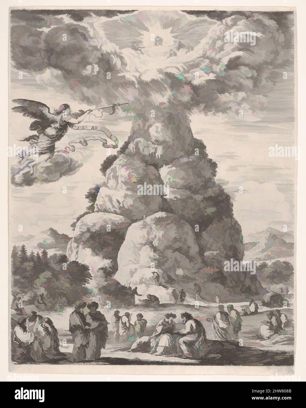 Kunst inspiriert von Rock of the philosphers, oder Mount Parnassus, viele alte Philosophen versammelten sich in Gruppen am Fuße des Berges im Vordergrund, Diogenes in seinem Fass nach rechts und Archimedes in der Mitte Studium einer Armillarsphäre in der Mitte, ein Engel am Himmel zu, Klassische Werke, die von Artotop mit einem Hauch von Moderne modernisiert wurden. Formen, Farbe und Wert, auffällige visuelle Wirkung auf Kunst. Emotionen durch Freiheit von Kunstwerken auf zeitgemäße Weise. Eine zeitlose Botschaft, die eine wild kreative neue Richtung verfolgt. Künstler, die sich dem digitalen Medium zuwenden und die Artotop NFT erschaffen Stockfoto