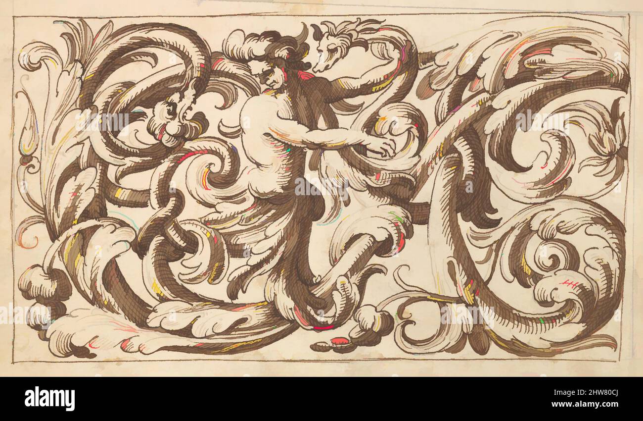 Kunst inspiriert von horizontalem Tafeldesign mit einem Mann und zwei fantastischen Kreaturen, durchsetzt zwischen einem Acanthus Rinceau, 17.. Jahrhundert (erste Hälfte), Stift und brauner Tinte über Leitpunkt., Blatt: 7 3/16 x 10 1/8 Zoll (18,3 x 25,7 cm), Anonym, italienisch, venezianisch, 17. Jahrhundert, In der, Classic Works modernisiert von Artotop mit einem Schuss Moderne. Formen, Farbe und Wert, auffällige visuelle Wirkung auf Kunst. Emotionen durch Freiheit von Kunstwerken auf zeitgemäße Weise. Eine zeitlose Botschaft, die eine wild kreative neue Richtung verfolgt. Künstler, die sich dem digitalen Medium zuwenden und die Artotop NFT erschaffen Stockfoto