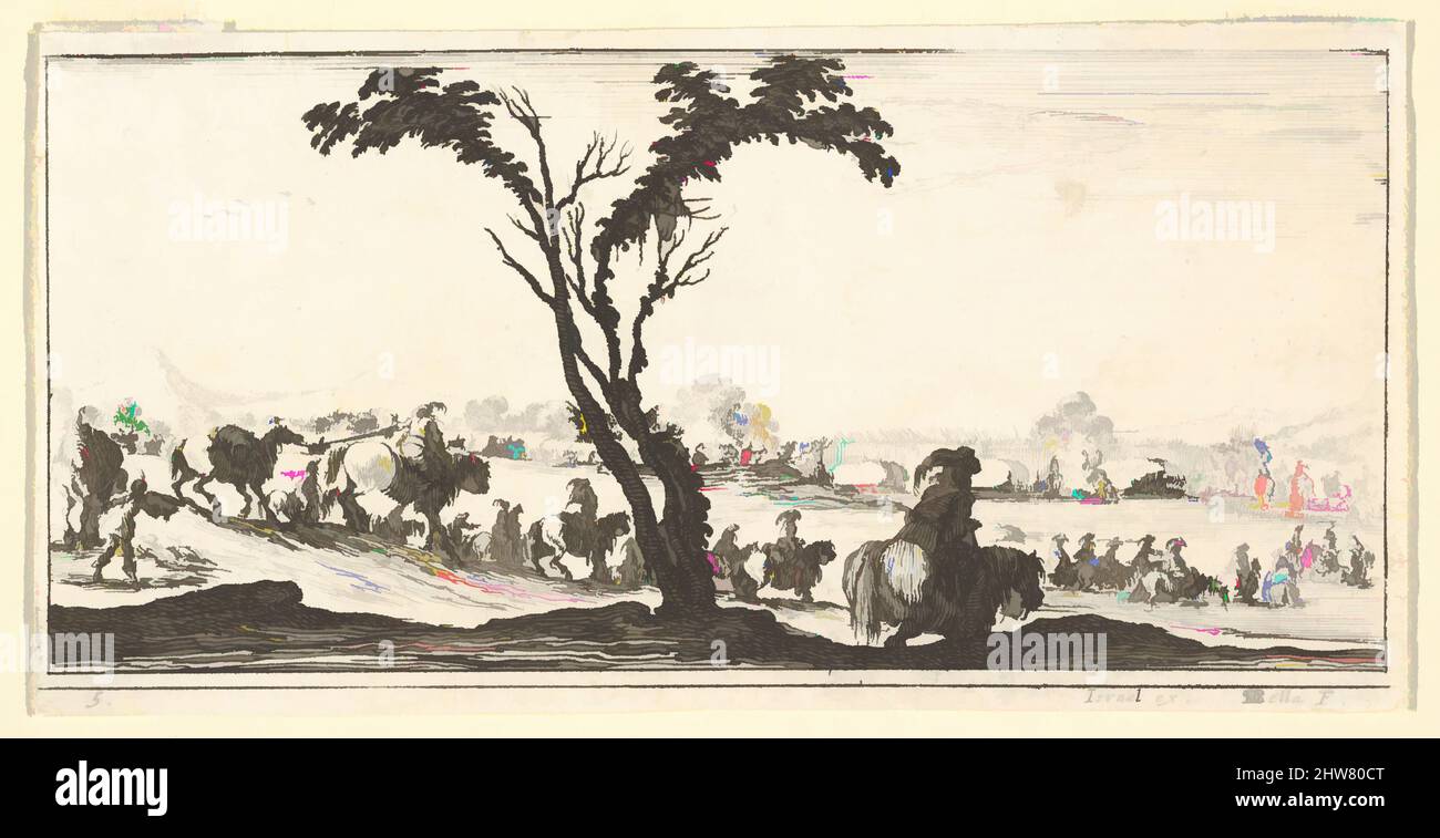Kunst inspiriert von Tafel 5: Eine Prozession von Reitern, die einen Fluss überquerten, ein Baum in der Mitte, von "Truppen, Kanonen und Angriffen auf Städte" (Dessins de quelques conduites de troupes, Canons, et ataques de villes), ca. 1640, Radierung; zweiter Zustand von drei, Blatt: 2 1/2 x 4 15/16 Zoll (6,3 x 12,6, Classic Works modernisiert von Artotop mit einem Schuss Moderne. Formen, Farbe und Wert, auffällige visuelle Wirkung auf Kunst. Emotionen durch Freiheit von Kunstwerken auf zeitgemäße Weise. Eine zeitlose Botschaft, die eine wild kreative neue Richtung verfolgt. Künstler, die sich dem digitalen Medium zuwenden und die Artotop NFT erschaffen Stockfoto