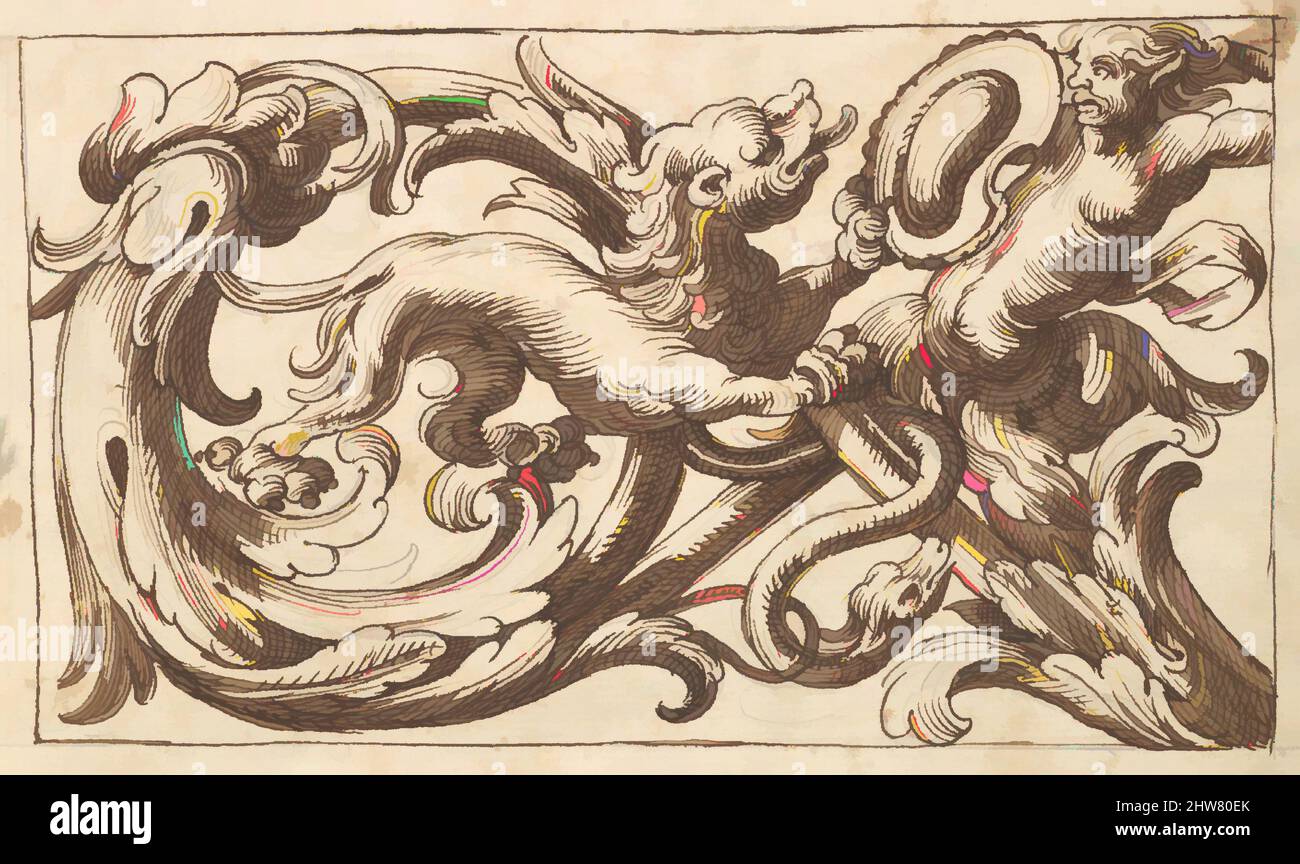 Kunst inspiriert von horizontalem Tafeldesign mit einer männlichen Figur und einem Löwen, eingestreut zwischen Acanthus Rinceaux, 17.. Jahrhundert (erste Hälfte), Stift und brauner Tinte über Leitpunkt., Blatt: 7 1/4 x 10 5/16 Zoll (18,4 x 26,2 cm), Anonym, italienisch, venezianisch, 17. Jahrhundert, Im Stil von Polifilo modernisierte Classic Works von Artotop mit einem Schuss Moderne. Formen, Farbe und Wert, auffällige visuelle Wirkung auf Kunst. Emotionen durch Freiheit von Kunstwerken auf zeitgemäße Weise. Eine zeitlose Botschaft, die eine wild kreative neue Richtung verfolgt. Künstler, die sich dem digitalen Medium zuwenden und die Artotop NFT erschaffen Stockfoto