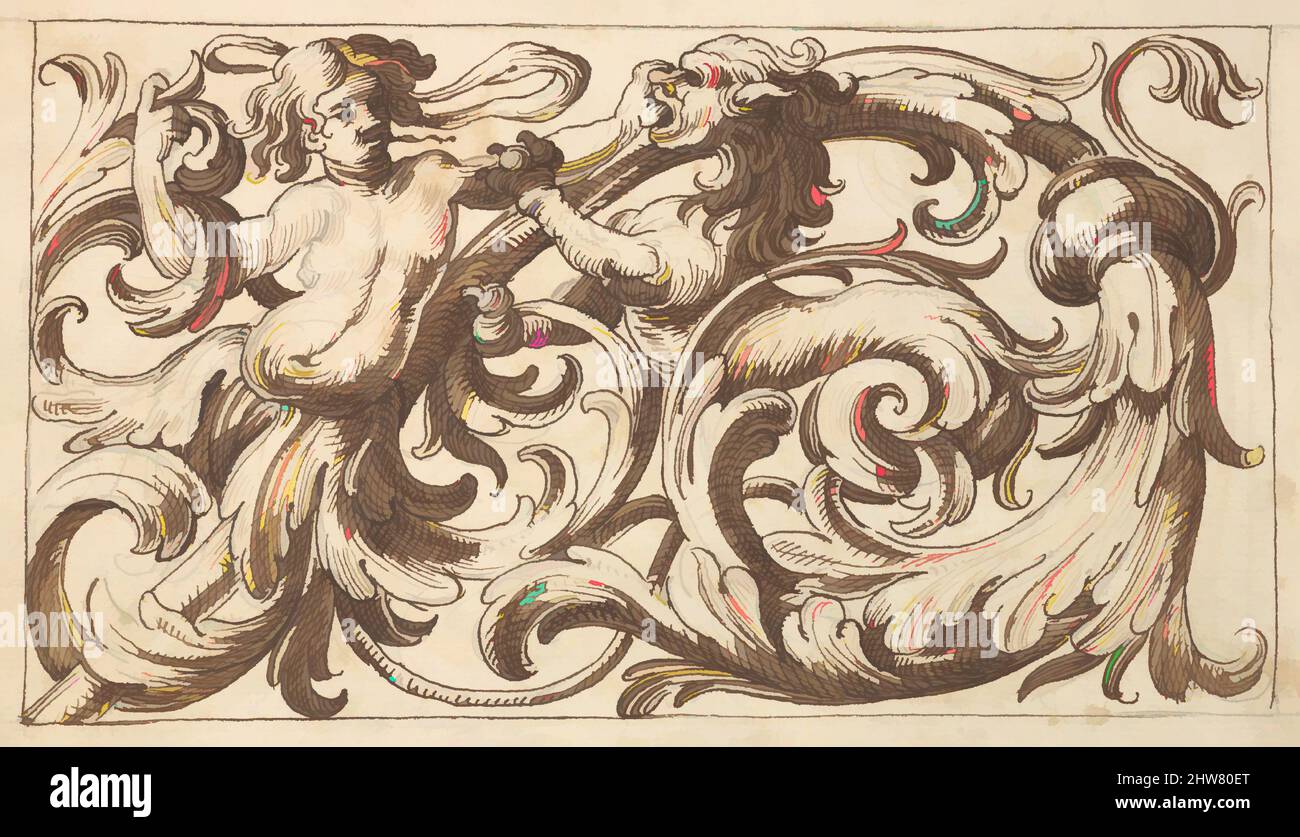 Kunst inspiriert von horizontalem Tafeldesign mit einem jungen Mann und einer (männlichen) Sphinx, durchsetzt zwischen Acanthus Rinceaux, 17. Century (erste Hälfte), Stift und brauner Tinte über Leitpunkt., Blatt: 7 1/4 x 10 3/8 Zoll (18,4 x 26,4 cm), Anonym, italienisch, venezianisch, 17. Jahrhundert, In der Art von, Classic Works modernisiert von Artotop mit einem Schuss Moderne. Formen, Farbe und Wert, auffällige visuelle Wirkung auf Kunst. Emotionen durch Freiheit von Kunstwerken auf zeitgemäße Weise. Eine zeitlose Botschaft, die eine wild kreative neue Richtung verfolgt. Künstler, die sich dem digitalen Medium zuwenden und die Artotop NFT erschaffen Stockfoto