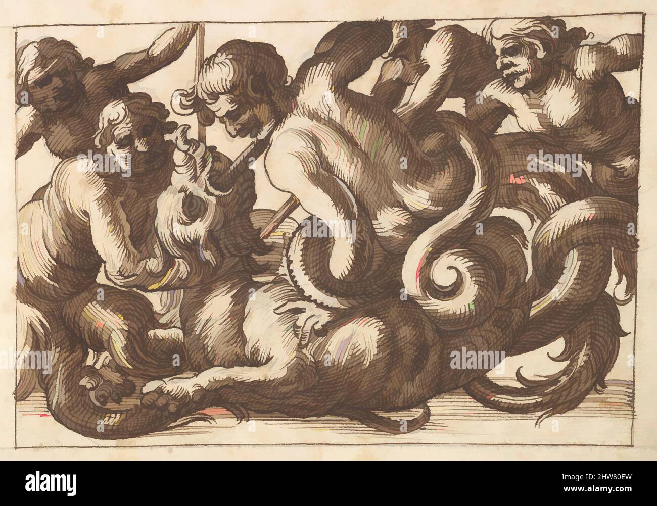 Kunst inspiriert von horizontalem Panel-Design mit fünf männlichen Figuren Kampf gegen einen Drachen, 17. Jahrhundert (erste Hälfte), Stift und braune Tinte über Leitpunkt., Blatt: 7 1/4 x 10 5/16 Zoll (18,4 x 26,2 cm), Anonym, italienisch, venezianisch, 17. Jahrhundert, Nach Art von Polifilo Giancarli (aktiv in Venedig, Klassische Werke von Artotop mit einem Schuss Moderne modernisiert. Formen, Farbe und Wert, auffällige visuelle Wirkung auf Kunst. Emotionen durch Freiheit von Kunstwerken auf zeitgemäße Weise. Eine zeitlose Botschaft, die eine wild kreative neue Richtung verfolgt. Künstler, die sich dem digitalen Medium zuwenden und die Artotop NFT erschaffen Stockfoto