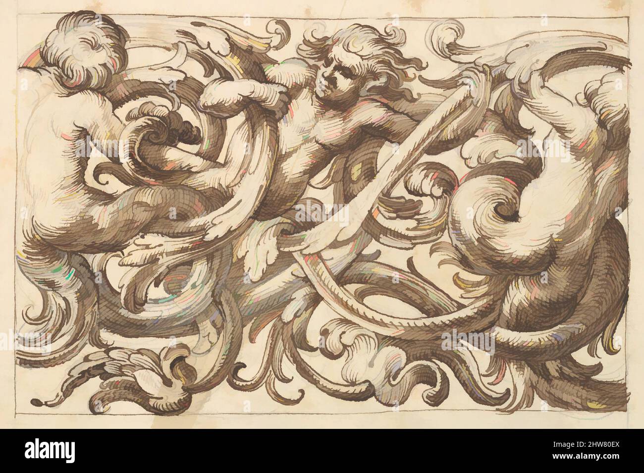 Kunst, inspiriert von horizontalem Tafeldesign mit drei männlichen Figuren, eingestreut zwischen Acanthus Rinceaux, 17.. Jahrhundert (erste Hälfte), Stift und brauner Tinte über Leitpunkt., Blatt: 7 1/4 x 10 5/16 Zoll (18,4 x 26,2 cm), Anonym, italienisch, venezianisch, 17. Jahrhundert, Im Stil von Polifilo modernisierte Classic Works von Artotop mit einem Schuss Moderne. Formen, Farbe und Wert, auffällige visuelle Wirkung auf Kunst. Emotionen durch Freiheit von Kunstwerken auf zeitgemäße Weise. Eine zeitlose Botschaft, die eine wild kreative neue Richtung verfolgt. Künstler, die sich dem digitalen Medium zuwenden und die Artotop NFT erschaffen Stockfoto