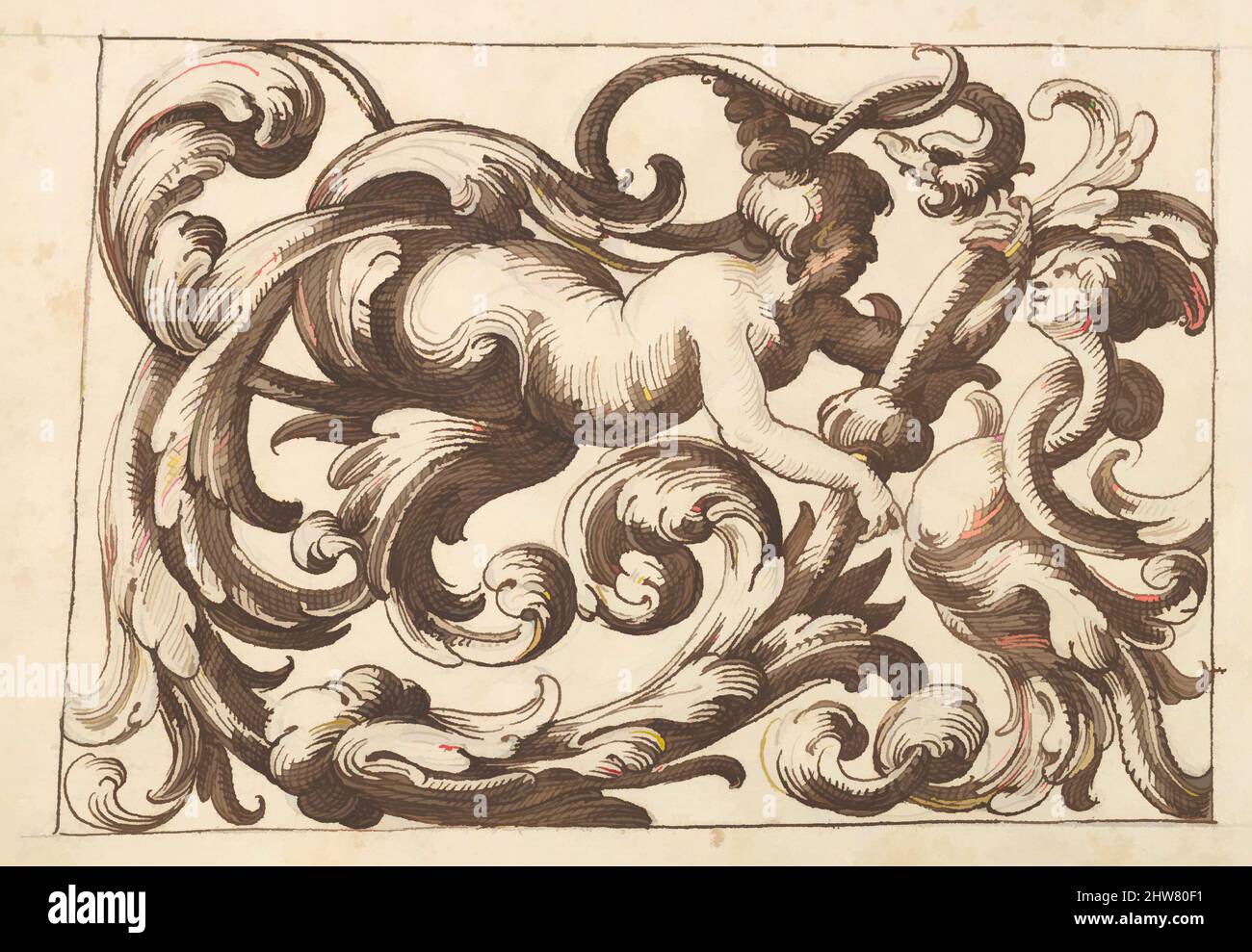 Kunst inspiriert von horizontalem Tafeldesign mit einem Mann, einer Schlange und einer weiblichen fantastischen Kreaturen, durchsetzt zwischen Acanthus Rinceaux, 17.. Jahrhundert (erste Hälfte), Stift und brauner Tinte über dem Leitpunkt., Blatt: 7 1/4 x 10 3/8 Zoll (18,4 x 26,4 cm), Anonym, italienisch, venezianisch, 17. Jahrhundert, Klassische Werke, die von Artotop mit einem Hauch von Moderne modernisiert wurden. Formen, Farbe und Wert, auffällige visuelle Wirkung auf Kunst. Emotionen durch Freiheit von Kunstwerken auf zeitgemäße Weise. Eine zeitlose Botschaft, die eine wild kreative neue Richtung verfolgt. Künstler, die sich dem digitalen Medium zuwenden und die Artotop NFT erschaffen Stockfoto