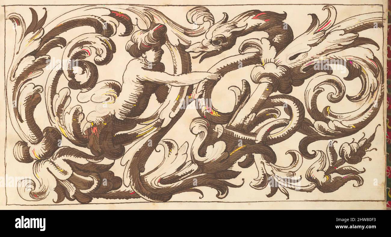 Kunst inspiriert von horizontalem Tafeldesign mit einem jungen Mann und einer fantastischen Kreatur, eingestreut zwischen Acanthus Rinceaux, 17.. Jahrhundert (erste Hälfte), Stift und brauner Tinte über Leitpunkt., Blatt: 7 1/4 x 10 5/16 Zoll (18,4 x 26,2 cm), Anonym, italienisch, venezianisch, 17. Jahrhundert, In der, Classic Works modernisiert von Artotop mit einem Schuss Moderne. Formen, Farbe und Wert, auffällige visuelle Wirkung auf Kunst. Emotionen durch Freiheit von Kunstwerken auf zeitgemäße Weise. Eine zeitlose Botschaft, die eine wild kreative neue Richtung verfolgt. Künstler, die sich dem digitalen Medium zuwenden und die Artotop NFT erschaffen Stockfoto