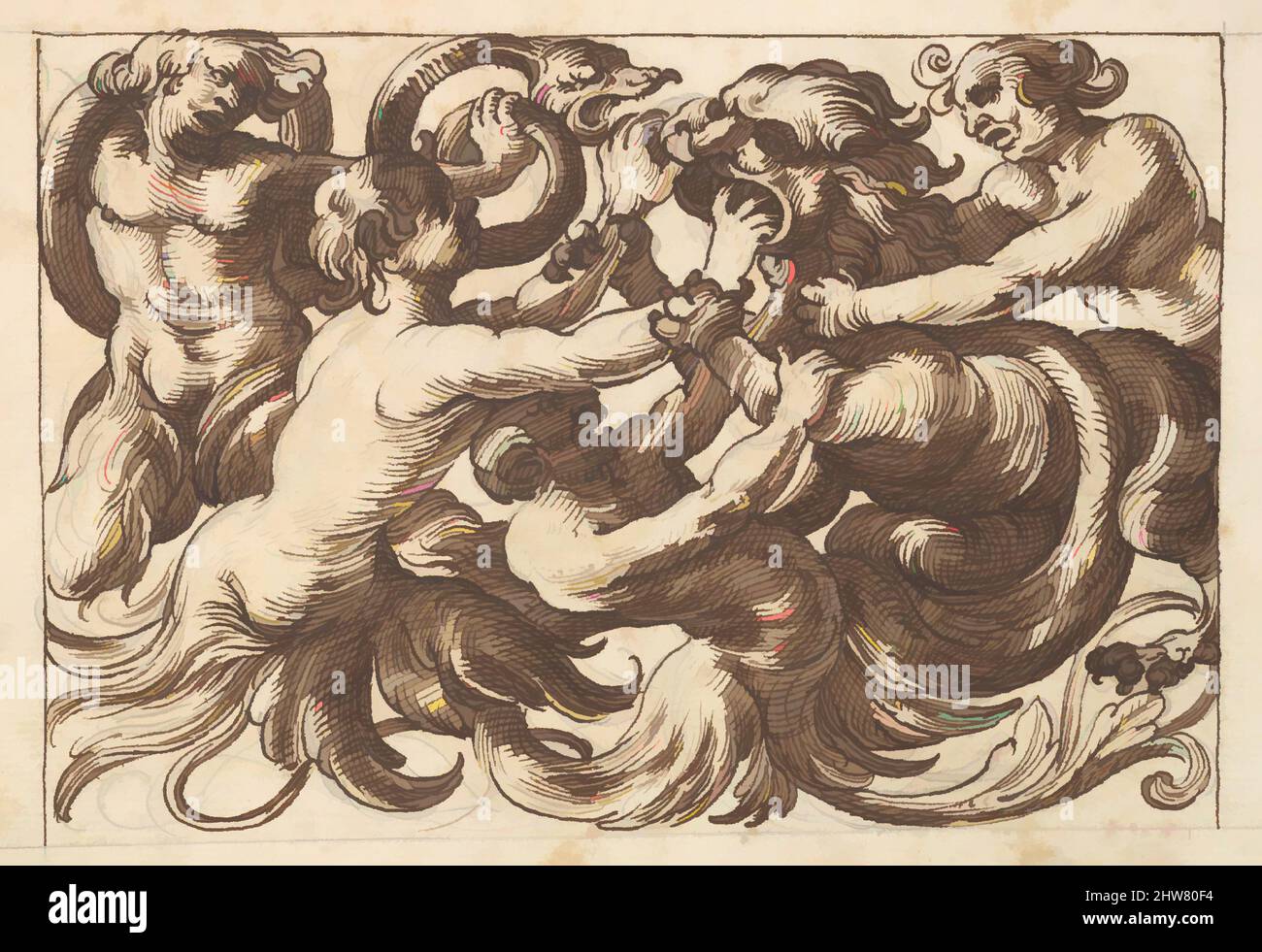 Kunst inspiriert von horizontalem Tafeldesign mit vier männlichen Figuren, die einen Löwen bekämpfen, 17.. Jahrhundert (erste Hälfte), Stift und brauner Tinte über dem Leitpunkt, Blatt: 7 1/4 x 10 1/4 Zoll (18,4 x 26,1 cm), Anonym, italienisch, venezianisch, 17. Jahrhundert, Nach Art von Polifilo Giancarli (aktiv in Venedig Ca, Klassische Werke von Artotop mit einem Schuss Moderne modernisiert. Formen, Farbe und Wert, auffällige visuelle Wirkung auf Kunst. Emotionen durch Freiheit von Kunstwerken auf zeitgemäße Weise. Eine zeitlose Botschaft, die eine wild kreative neue Richtung verfolgt. Künstler, die sich dem digitalen Medium zuwenden und die Artotop NFT erschaffen Stockfoto