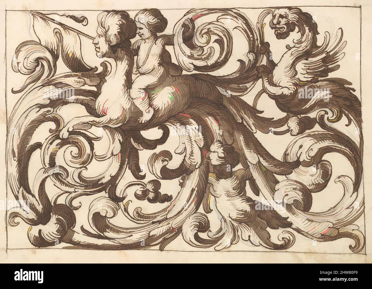 Kunst inspiriert von horizontalem Tafeldesign mit einer Sphinx, zwei Putti und einer phantasievollen lionesque Kreatur zwischen Acanthus Rinceaux., 17. Jahrhundert (erste Hälfte), Stift und brauner Tinte über Leitpunkt., Blatt: 7 3/16 x 10 1/4 Zoll (18,3 x 26 cm), Anonym, Italienisch, Venetian, 17., Klassische Werke, die von Artotop mit einem Hauch von Moderne modernisiert wurden. Formen, Farbe und Wert, auffällige visuelle Wirkung auf Kunst. Emotionen durch Freiheit von Kunstwerken auf zeitgemäße Weise. Eine zeitlose Botschaft, die eine wild kreative neue Richtung verfolgt. Künstler, die sich dem digitalen Medium zuwenden und die Artotop NFT erschaffen Stockfoto