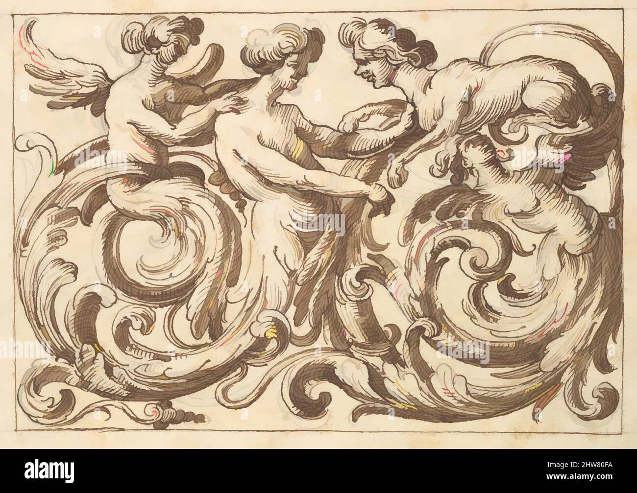 Kunst inspiriert von horizontalem Tafeldesign mit drei androgynen Figuren und einer Sphinx kombiniert mit Acanthus Rinceaux, 17. Jahrhundert (erste Hälfte), Stift und brauner Tinte über Leitpunkt., Blatt: 7 1/4 x 10 5/16 Zoll (18,4 x 26,2 cm), Anonym, italienisch, venezianisch, 17. Jahrhundert, In der Art von, Classic Works modernisiert von Artotop mit einem Schuss Moderne. Formen, Farbe und Wert, auffällige visuelle Wirkung auf Kunst. Emotionen durch Freiheit von Kunstwerken auf zeitgemäße Weise. Eine zeitlose Botschaft, die eine wild kreative neue Richtung verfolgt. Künstler, die sich dem digitalen Medium zuwenden und die Artotop NFT erschaffen Stockfoto