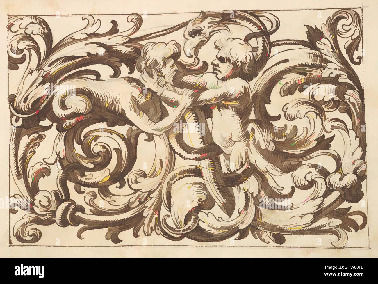 Kunst inspiriert von horizontalem Tafeldesign mit einem Mann, der gegen eine Sphinx kämpft, und einem fantastischen Wesen, das zwischen Acanthus Rinceaux, 17.. Jahrhundert (erste Hälfte), Stift und brauner Tinte über dem Leitpunkt eingestreut ist., Blatt: 7 3/16 x 10 3/8 Zoll (18,3 x 26,4 cm), Anonym, italienisch, venezianisch, 17. Jahrhundert, Klassische Werke, die von Artotop mit einem Hauch von Moderne modernisiert wurden. Formen, Farbe und Wert, auffällige visuelle Wirkung auf Kunst. Emotionen durch Freiheit von Kunstwerken auf zeitgemäße Weise. Eine zeitlose Botschaft, die eine wild kreative neue Richtung verfolgt. Künstler, die sich dem digitalen Medium zuwenden und die Artotop NFT erschaffen Stockfoto