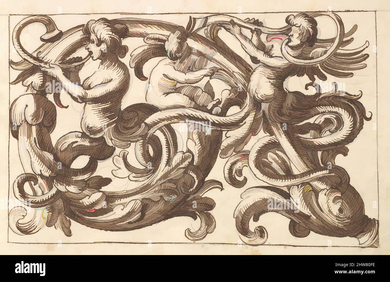 Von horizontalem Tafeldesign inspirierte Kunst mit zwei männlichen Figuren und einem Putto, eingestreut zwischen Acanthus Rinceaux, 17.. Jahrhundert (erste Hälfte), Stift und brauner Tinte über Leitpunkt., Blatt: 7 1/4 x 10 5/16 Zoll (18,4 x 26,2 cm), Anonym, italienisch, venezianisch, 17. Jahrhundert, In der Art von, Classic Works modernisiert von Artotop mit einem Schuss Moderne. Formen, Farbe und Wert, auffällige visuelle Wirkung auf Kunst. Emotionen durch Freiheit von Kunstwerken auf zeitgemäße Weise. Eine zeitlose Botschaft, die eine wild kreative neue Richtung verfolgt. Künstler, die sich dem digitalen Medium zuwenden und die Artotop NFT erschaffen Stockfoto
