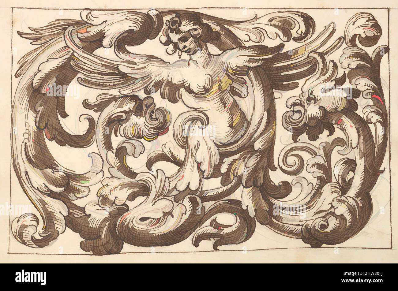 Kunst, inspiriert von horizontalem Tafeldesign mit einer weiblichen Figur und zwei fantastischen Kreaturen, eingestreut zwischen Acanthus Rinceaux, 17.. Jahrhundert (erste Hälfte), Stift und brauner Tinte über Leitpunkt., Blatt: 7 3/16 x 10 1/4 Zoll (18,3 x 26,1 cm), Anonym, italienisch, venezianisch, 17. Jahrhundert, In, Classic Works modernisiert von Artotop mit einem Schuss Moderne. Formen, Farbe und Wert, auffällige visuelle Wirkung auf Kunst. Emotionen durch Freiheit von Kunstwerken auf zeitgemäße Weise. Eine zeitlose Botschaft, die eine wild kreative neue Richtung verfolgt. Künstler, die sich dem digitalen Medium zuwenden und die Artotop NFT erschaffen Stockfoto