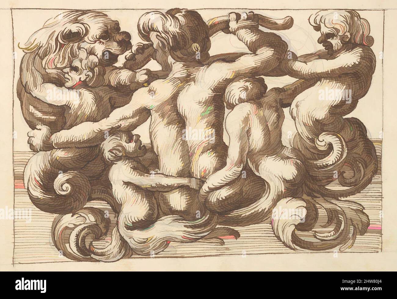 Kunst inspiriert von horizontalem Tafeldesign mit fünf hybriden Kreaturen und einem Löwen, 17. Jahrhundert (erste Hälfte), Stift und brauner Tinte über Leitpunkt, Blatt: 7 3/16 x 10 5/16 Zoll (18,3 x 26,2 cm), Anonym, italienisch, venezianisch, 17. Jahrhundert, Nach Art von Polifilo Giancarli (aktiv in Venedig, Klassische Werke von Artotop mit einem Schuss Moderne modernisiert. Formen, Farbe und Wert, auffällige visuelle Wirkung auf Kunst. Emotionen durch Freiheit von Kunstwerken auf zeitgemäße Weise. Eine zeitlose Botschaft, die eine wild kreative neue Richtung verfolgt. Künstler, die sich dem digitalen Medium zuwenden und die Artotop NFT erschaffen Stockfoto