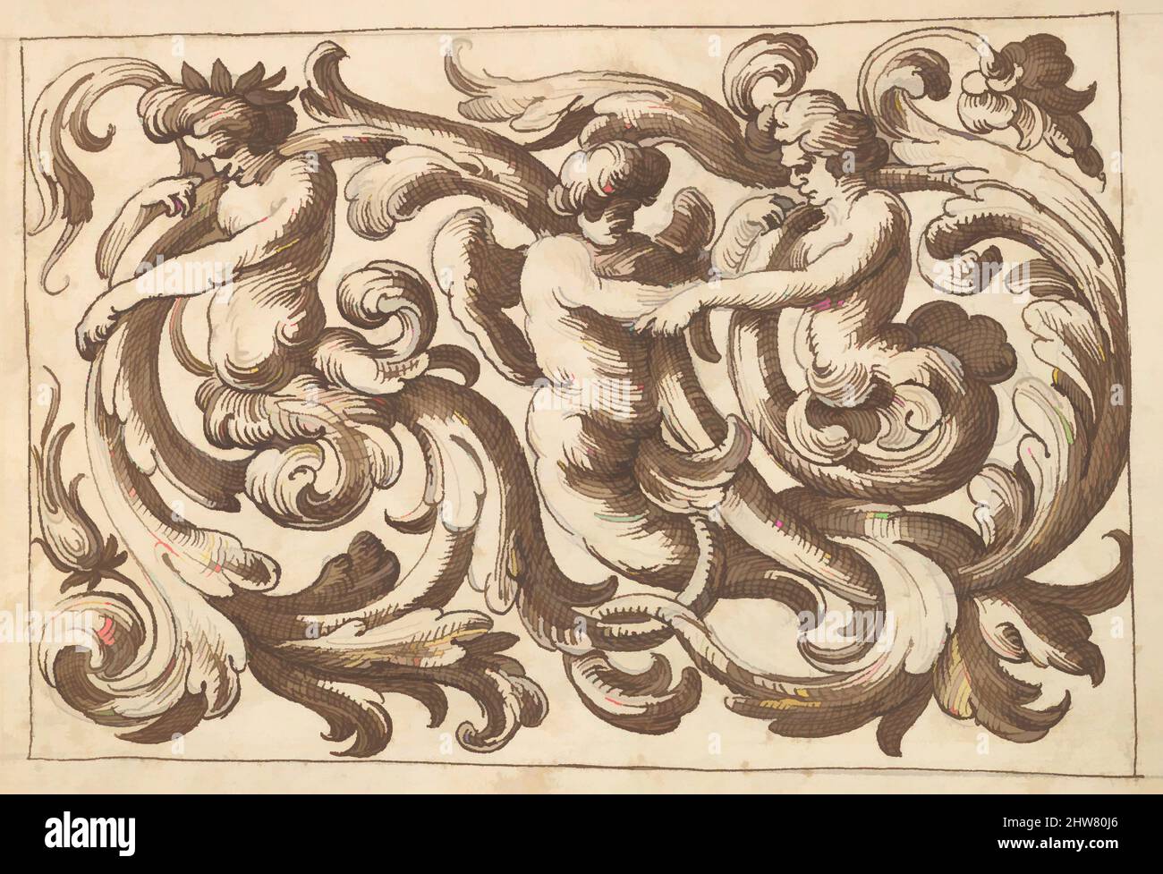 Kunst, inspiriert von horizontalem Tafeldesign mit drei jungen männlichen Figuren, eingestreut zwischen Acanthus Rinceaux, 17.. Jahrhundert (erste Hälfte), Stift und brauner Tinte über Leitpunkt., Blatt: 7 3/16 x 10 5/16 Zoll (18,3 x 26,2 cm), Anonym, italienisch, venezianisch, 17. Jahrhundert, In der Art von, Classic Works modernisiert von Artotop mit einem Schuss Moderne. Formen, Farbe und Wert, auffällige visuelle Wirkung auf Kunst. Emotionen durch Freiheit von Kunstwerken auf zeitgemäße Weise. Eine zeitlose Botschaft, die eine wild kreative neue Richtung verfolgt. Künstler, die sich dem digitalen Medium zuwenden und die Artotop NFT erschaffen Stockfoto