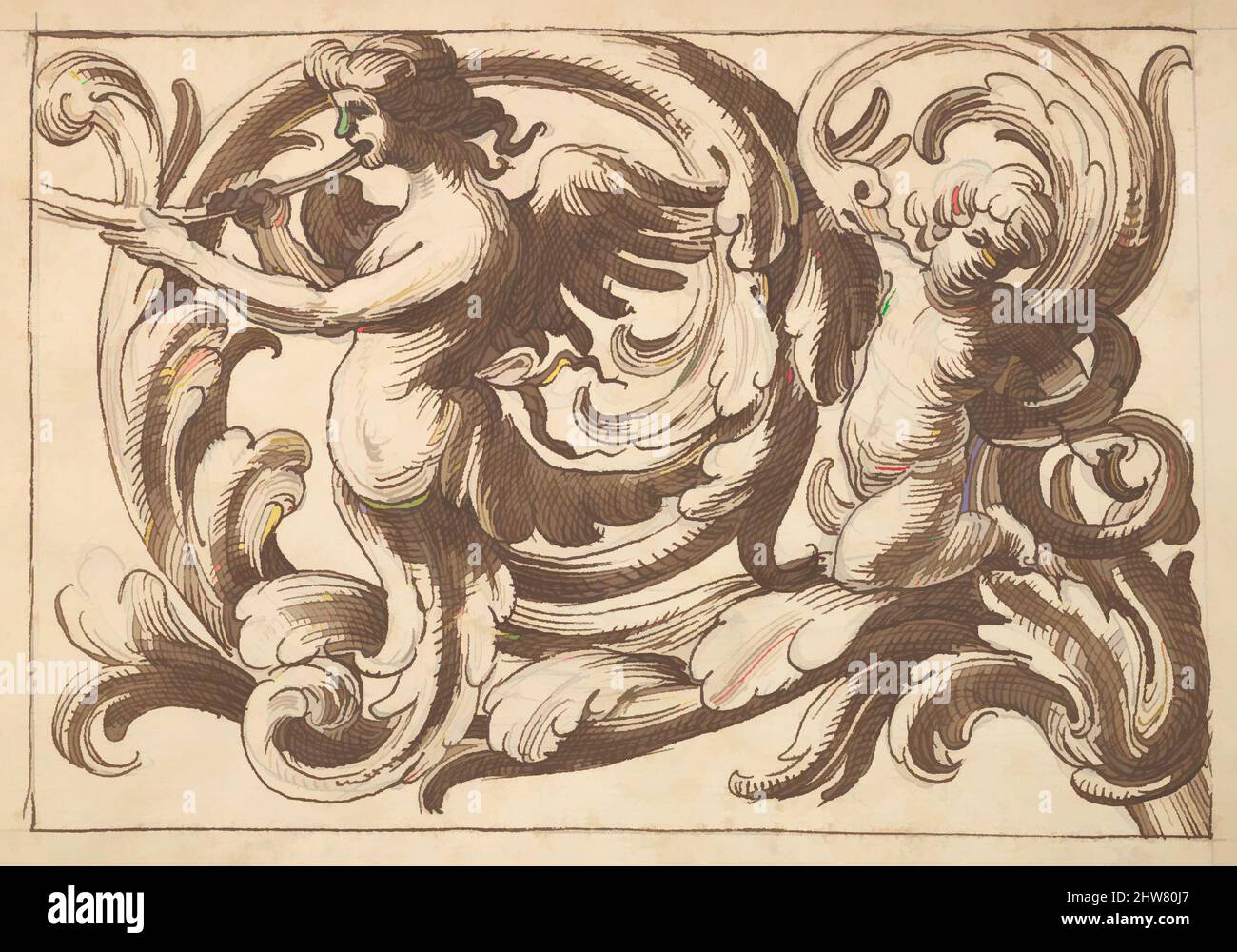 Kunst inspiriert von horizontalem Tafeldesign mit einer männlichen Figur, einem Putto und einer Schlange zwischen Acanthus Rinceaux, 17. Jahrhundert (erste Hälfte), Stift und brauner Tinte über dem Leitpunkt., Blatt: 7 3/16 x 10 3/8 Zoll (18,2 x 26,4 cm), Anonym, italienisch, venezianisch, 17. Jahrhundert, In der Art und Weise, Classic Works modernisiert von Artotop mit einem Schuss Moderne. Formen, Farbe und Wert, auffällige visuelle Wirkung auf Kunst. Emotionen durch Freiheit von Kunstwerken auf zeitgemäße Weise. Eine zeitlose Botschaft, die eine wild kreative neue Richtung verfolgt. Künstler, die sich dem digitalen Medium zuwenden und die Artotop NFT erschaffen Stockfoto