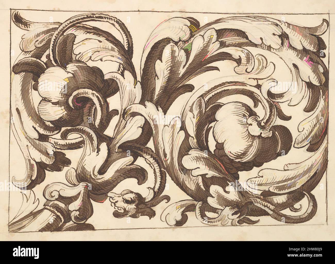 Kunst inspiriert von horizontalem Tafeldesign, gefüllt mit einem gewundenen Acanthus Rinceau und zwei fantastischen Kreaturen., 17. Century (erste Hälfte), Stift und braune Tinte über dem Leitpunkt., Blatt: 7 3/16 x 10 5/16 Zoll (18,3 x 26,2 cm), Anonym, italienisch, venezianisch, 17. Jahrhundert, In der Art von, Classic Works modernisiert von Artotop mit einem Schuss Moderne. Formen, Farbe und Wert, auffällige visuelle Wirkung auf Kunst. Emotionen durch Freiheit von Kunstwerken auf zeitgemäße Weise. Eine zeitlose Botschaft, die eine wild kreative neue Richtung verfolgt. Künstler, die sich dem digitalen Medium zuwenden und die Artotop NFT erschaffen Stockfoto
