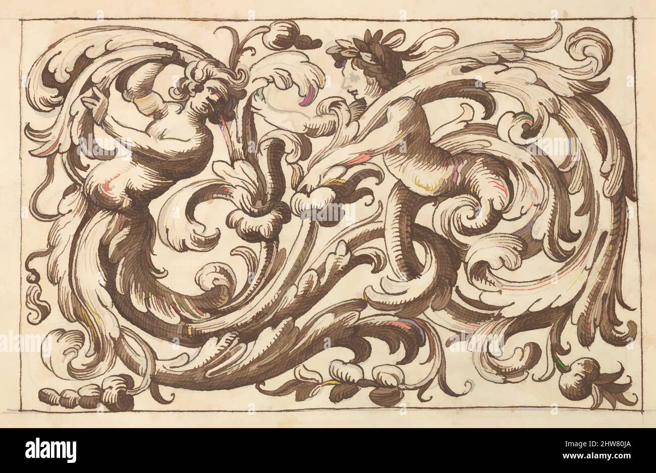 Kunst, inspiriert von horizontalem Tafeldesign mit zwei jungen männlichen Figuren, eingestreut zwischen Acanthus Rinceaux, 17.. Jahrhundert (erste Hälfte), Stift und brauner Tinte über Leitpunkt., Blatt: 7 3/16 x 10 5/16 Zoll (18,3 x 26,2 cm), Anonym, italienisch, venezianisch, 17. Jahrhundert, Im Stil von Polifilo modernisierte Classic Works von Artotop mit einem Schuss Moderne. Formen, Farbe und Wert, auffällige visuelle Wirkung auf Kunst. Emotionen durch Freiheit von Kunstwerken auf zeitgemäße Weise. Eine zeitlose Botschaft, die eine wild kreative neue Richtung verfolgt. Künstler, die sich dem digitalen Medium zuwenden und die Artotop NFT erschaffen Stockfoto