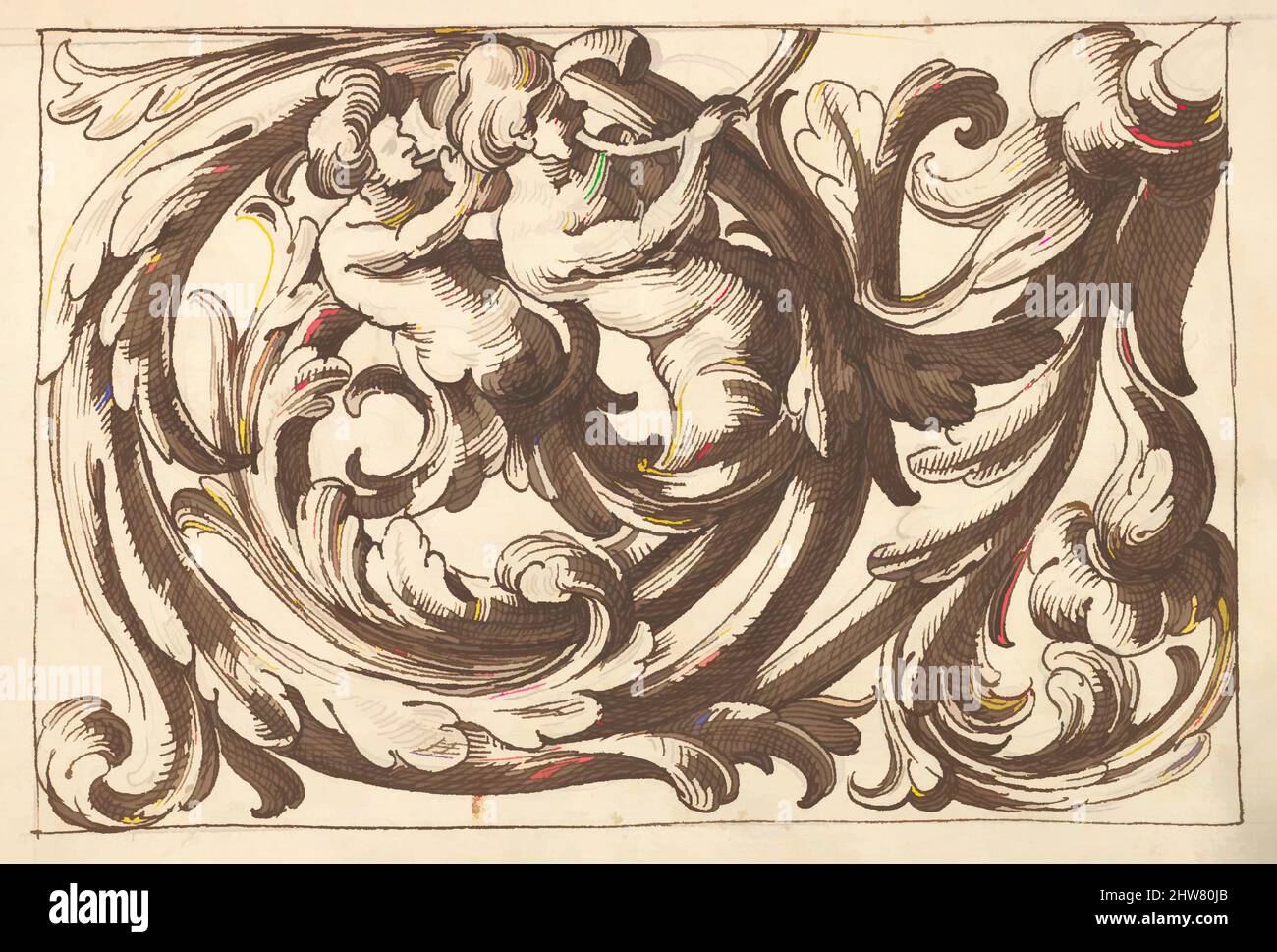 Kunst inspiriert von horizontalem Tafeldesign mit zwei männlichen Figuren, die Hörner spielen, eingestreut zwischen Acanthus Rinceaux, 17.. Jahrhundert (erste Hälfte), Stift und brauner Tinte über Leitpunkt., Blatt: 7 1/4 x 10 5/16 Zoll (18,4 x 26,2 cm), Anonym, italienisch, venezianisch, 17. Jahrhundert, In der Art von, Classic Works modernisiert von Artotop mit einem Schuss Moderne. Formen, Farbe und Wert, auffällige visuelle Wirkung auf Kunst. Emotionen durch Freiheit von Kunstwerken auf zeitgemäße Weise. Eine zeitlose Botschaft, die eine wild kreative neue Richtung verfolgt. Künstler, die sich dem digitalen Medium zuwenden und die Artotop NFT erschaffen Stockfoto