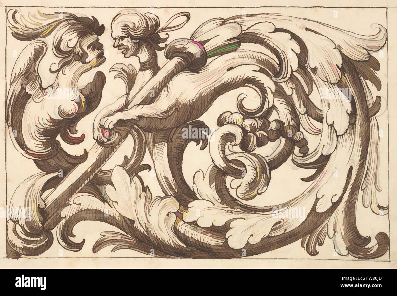 Kunst, inspiriert von horizontalem Tafeldesign mit zwei hybriden Kreaturen, eingestreut zwischen Acanthus Rinceaux, 17.. Jahrhundert (erste Hälfte), Stift und brauner Tinte über Leitpunkt., Blatt: 7 1/4 x 10 5/16 Zoll (18,4 x 26,2 cm), Anonym, italienisch, venezianisch, 17. Jahrhundert, Im Stil von Polifilo modernisierte Classic Works von Artotop mit einem Schuss Moderne. Formen, Farbe und Wert, auffällige visuelle Wirkung auf Kunst. Emotionen durch Freiheit von Kunstwerken auf zeitgemäße Weise. Eine zeitlose Botschaft, die eine wild kreative neue Richtung verfolgt. Künstler, die sich dem digitalen Medium zuwenden und die Artotop NFT erschaffen Stockfoto