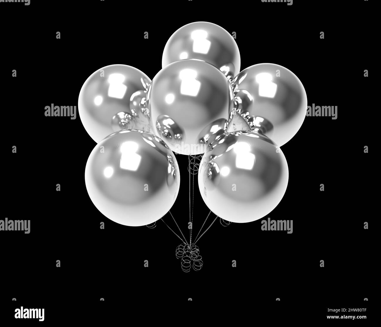 Party Silber Ballons für Dekoration mit schwarzem Hintergrund (3D Illustration) Stockfoto