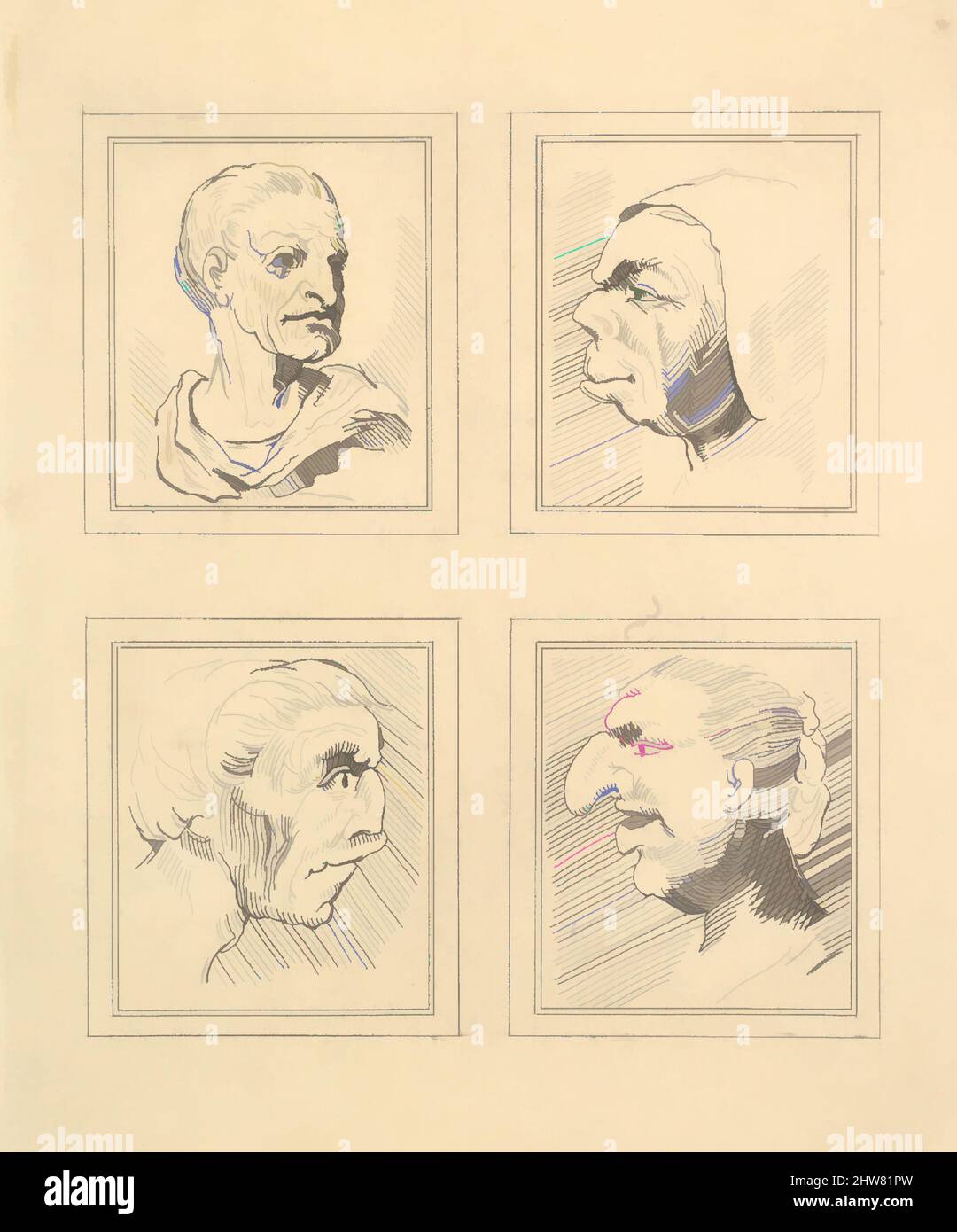 Kunst inspiriert von vier Köpfen (aus Characaturas von Leonardo da Vinci, aus Zeichnungen von Wincelslaus Hollar), 1786, Radierung, Tafel: 7 11/16 x 6 3/8 Zoll (19,5 x 16,2 cm), Drucke, After Wenceslaus Hollar (Bohemian, Prag 1607–1677 London), After Leonardo da Vinci (Italienisch, Vinci 1452–1519, Klassische Werke, die von Artotop mit einem Schuss Moderne modernisiert wurden. Formen, Farbe und Wert, auffällige visuelle Wirkung auf Kunst. Emotionen durch Freiheit von Kunstwerken auf zeitgemäße Weise. Eine zeitlose Botschaft, die eine wild kreative neue Richtung verfolgt. Künstler, die sich dem digitalen Medium zuwenden und die Artotop NFT erschaffen Stockfoto