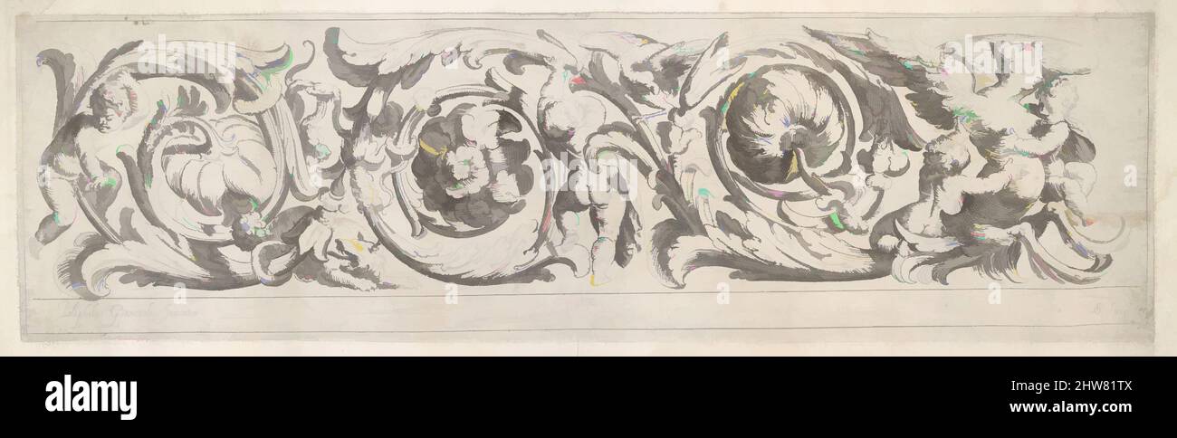 Kunst inspiriert von Disegni Varij di Polifilo Zancarli (frieses), ca. 1625, Radierung, Platte: 5 1/16 x 17 1/4 Zoll (12,8 x 43,8 cm), Polifilo Giancarli (aktiv in Venedig ca. 1600–1625), Odoardo Fialetti (Italienisch, Bologna 1573–1637/38 Venedig), Entwurf für einen Fries gefüllt mit einem mäandernden, von Artotop modernisierten klassischen Werk mit einem Schuss Moderne. Formen, Farbe und Wert, auffällige visuelle Wirkung auf Kunst. Emotionen durch Freiheit von Kunstwerken auf zeitgemäße Weise. Eine zeitlose Botschaft, die eine wild kreative neue Richtung verfolgt. Künstler, die sich dem digitalen Medium zuwenden und die Artotop NFT erschaffen Stockfoto