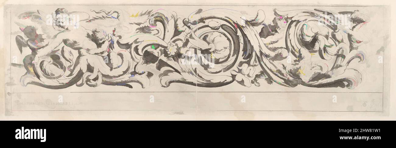 Kunst inspiriert von Disegni Varij di Polifilo Zancarli (frieses), ca. 1625, Radierung, Platte: 5 1/16 x 17 3/16 Zoll (12,8 x 43,6 cm), Polifilo Giancarli (aktiv in Venedig ca. 1600–1625), Odoardo Fialetti (Italienisch, Bologna 1573–1637/38 Venedig), Entwurf für einen Fries gefüllt mit einem mäandernden, von Artotop modernisierten klassischen Werk mit einem Schuss Moderne. Formen, Farbe und Wert, auffällige visuelle Wirkung auf Kunst. Emotionen durch Freiheit von Kunstwerken auf zeitgemäße Weise. Eine zeitlose Botschaft, die eine wild kreative neue Richtung verfolgt. Künstler, die sich dem digitalen Medium zuwenden und die Artotop NFT erschaffen Stockfoto