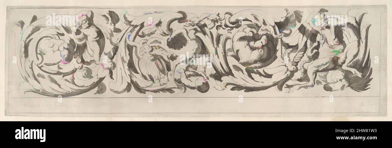 Kunst inspiriert von Disegni Varij di Polifilo Zancarli (frieses), ca. 1625, Radierung, Platte: 5 1/16 x 17 5/16 Zoll (12,8 x 43,9 cm), Polifilo Giancarli (aktiv in Venedig ca. 1600–1625), Odoardo Fialetti (Italienisch, Bologna 1573–1637/38 Venedig), Entwurf für einen Fries gefüllt mit einem mäandernden, von Artotop modernisierten klassischen Werk mit einem Schuss Moderne. Formen, Farbe und Wert, auffällige visuelle Wirkung auf Kunst. Emotionen durch Freiheit von Kunstwerken auf zeitgemäße Weise. Eine zeitlose Botschaft, die eine wild kreative neue Richtung verfolgt. Künstler, die sich dem digitalen Medium zuwenden und die Artotop NFT erschaffen Stockfoto