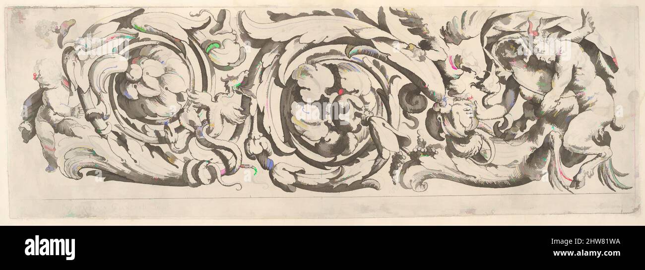 Kunst inspiriert von Disegni Varij di Polifilo Zancarli (frieses), ca. 1625, Radierung, Platte: 5 11/16 x 17 1/8 Zoll (14,4 x 43,5 cm), Polifilo Giancarli (aktiv in Venedig ca. 1600–1625), Odoardo Fialetti (Italienisch, Bologna 1573–1637/38 Venedig), Entwurf für einen Fries mit mäanderndem Akanthus, Klassische Werke, die von Artotop mit einem Schuss Moderne modernisiert wurden. Formen, Farbe und Wert, auffällige visuelle Wirkung auf Kunst. Emotionen durch Freiheit von Kunstwerken auf zeitgemäße Weise. Eine zeitlose Botschaft, die eine wild kreative neue Richtung verfolgt. Künstler, die sich dem digitalen Medium zuwenden und die Artotop NFT erschaffen Stockfoto