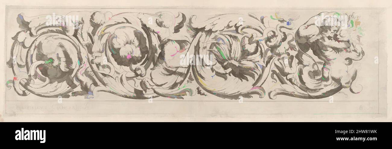 Kunst inspiriert von Disegni Varij di Polifilo Zancarli (frieses), ca. 1625, Radierung, Platte: 4 15/16 x 17 5/16 Zoll (12,6 x 43,9 cm), Polifilo Giancarli (aktiv in Venedig ca. 1600–1625), Odoardo Fialetti (Italienisch, Bologna 1573–1637/38 Venedig), Entwurf für einen Fries gefüllt mit einem mäandernden, von Artotop modernisierten klassischen Werk mit einem Schuss Moderne. Formen, Farbe und Wert, auffällige visuelle Wirkung auf Kunst. Emotionen durch Freiheit von Kunstwerken auf zeitgemäße Weise. Eine zeitlose Botschaft, die eine wild kreative neue Richtung verfolgt. Künstler, die sich dem digitalen Medium zuwenden und die Artotop NFT erschaffen Stockfoto