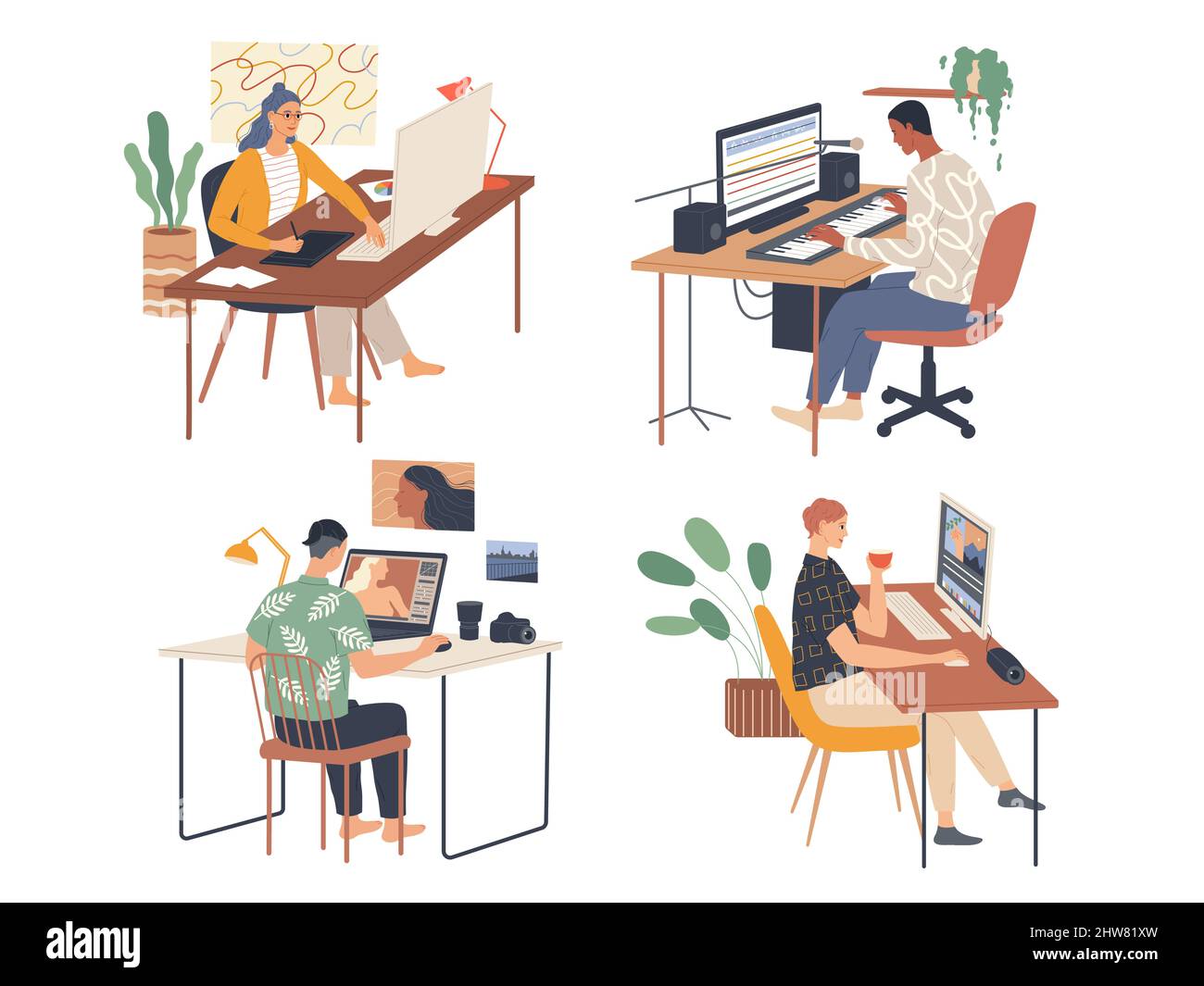 Kreative Menschen, die an ihren Arbeitsplätzen mit Leidenschaft arbeiten. Stock Vektor