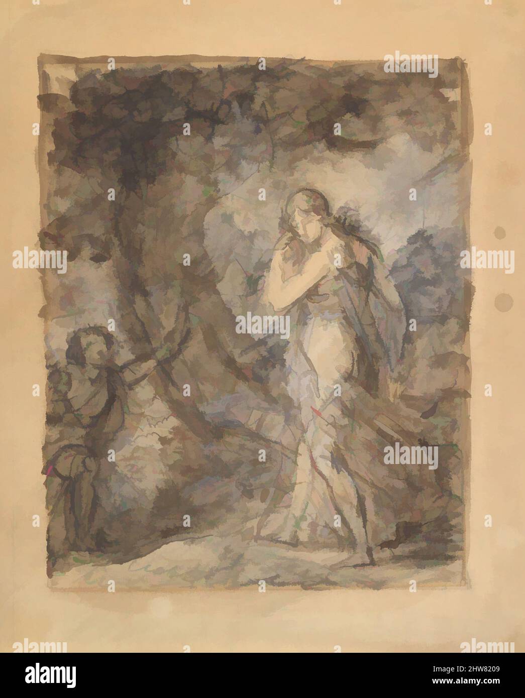 Kunst inspiriert von Daphnis, die in Richtung Chloe, ca. 1798, Schwarze Kreide, Pinsel mit brauner und grauer Wäsche, mit weißer Gouache verstärkt, auf hellbraunem Gewebspapier, Blatt: 10 13/16 x 8 15/16 Zoll (27,5 x 22,7 cm), Zeichnungen, Baron François Gérard (französisch, Rom 1770–1837 Paris), 1798 Gérard, Klassische Werke, die von Artotop mit einem Schuss Moderne modernisiert wurden. Formen, Farbe und Wert, auffällige visuelle Wirkung auf Kunst. Emotionen durch Freiheit von Kunstwerken auf zeitgemäße Weise. Eine zeitlose Botschaft, die eine wild kreative neue Richtung verfolgt. Künstler, die sich dem digitalen Medium zuwenden und die Artotop NFT erschaffen Stockfoto