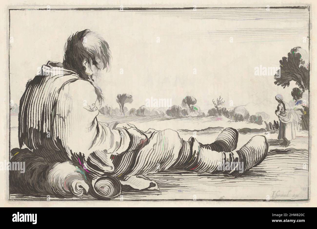 Kunst inspiriert von Teller 11: Ein alter Mann sitzt auf dem Boden nach links, von hinten gesehen, eine Bauernfrau von hinten nach rechts im Rücken, aus 'Caprice faict par de la Bella', ca. 1642, Radierung; zweiter Zustand von zwei, Blatt: 2 3/8 x 3 7/16 Zoll (6,1 x 8,8 cm), Drucke, Stefano della, Klassisches Werk, das von Artotop mit einem Schuss Modernität modernisiert wurde. Formen, Farbe und Wert, auffällige visuelle Wirkung auf Kunst. Emotionen durch Freiheit von Kunstwerken auf zeitgemäße Weise. Eine zeitlose Botschaft, die eine wild kreative neue Richtung verfolgt. Künstler, die sich dem digitalen Medium zuwenden und die Artotop NFT erschaffen Stockfoto