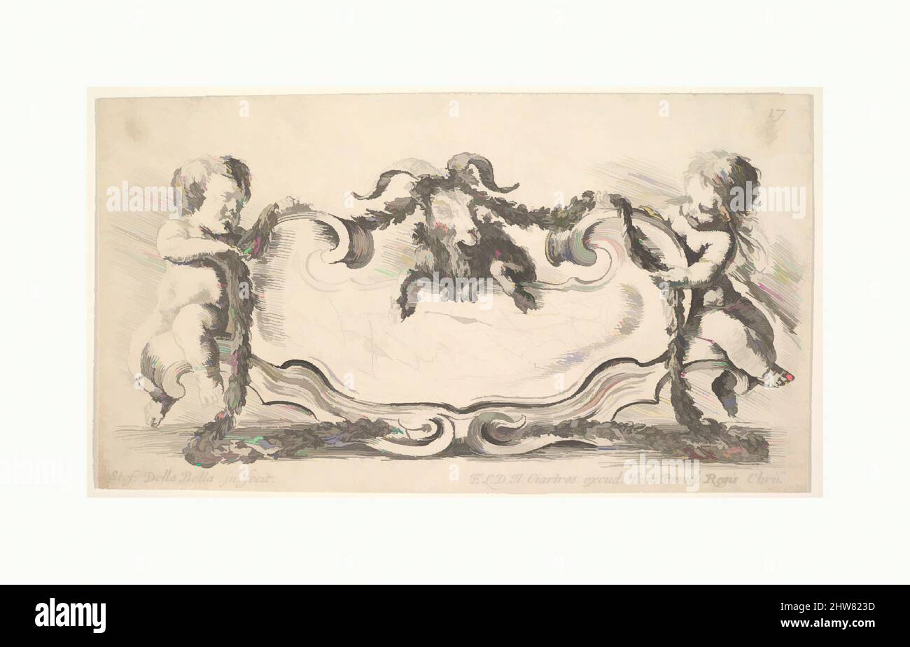 Kunst inspiriert von Tafel 17: Eine Kartusche mit Marmormitte, ein Säugling auf beiden Seiten, der eine Girlande über den Hörnern eines Widders in der Mitte hält, aus der Sammlung verschiedener Kapricen und neuer Erfindungen von Karten und Ornamenten (Raccolta di varii cappriccii et nove inventioni di Cartelle et, Klassische Werke, die von Artotop mit einem Hauch von Moderne modernisiert wurden. Formen, Farbe und Wert, auffällige visuelle Wirkung auf Kunst. Emotionen durch Freiheit von Kunstwerken auf zeitgemäße Weise. Eine zeitlose Botschaft, die eine wild kreative neue Richtung verfolgt. Künstler, die sich dem digitalen Medium zuwenden und die Artotop NFT erschaffen Stockfoto