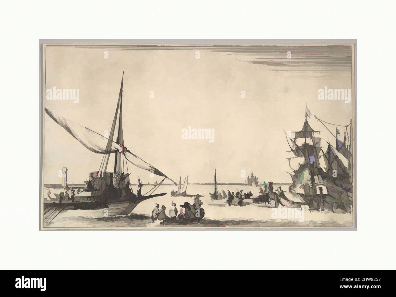 Kunst inspiriert von Einer Galeere, die links im Hafen ankommt, mehrere Ruderboote in der Mitte, Schiffe im Hafen rechts, aus „acht nautischen Landschaften“ (Suite de huit Marines), 1639, Radierung, Blatt: 4 15/16 x 8 1/4 Zoll (12,5 x 21 cm), Drucke, Stefano della Bella (Italienisch, Florenz 1610–1664, Klassische Werke, die von Artotop mit einem Schuss Moderne modernisiert wurden. Formen, Farbe und Wert, auffällige visuelle Wirkung auf Kunst. Emotionen durch Freiheit von Kunstwerken auf zeitgemäße Weise. Eine zeitlose Botschaft, die eine wild kreative neue Richtung verfolgt. Künstler, die sich dem digitalen Medium zuwenden und die Artotop NFT erschaffen Stockfoto