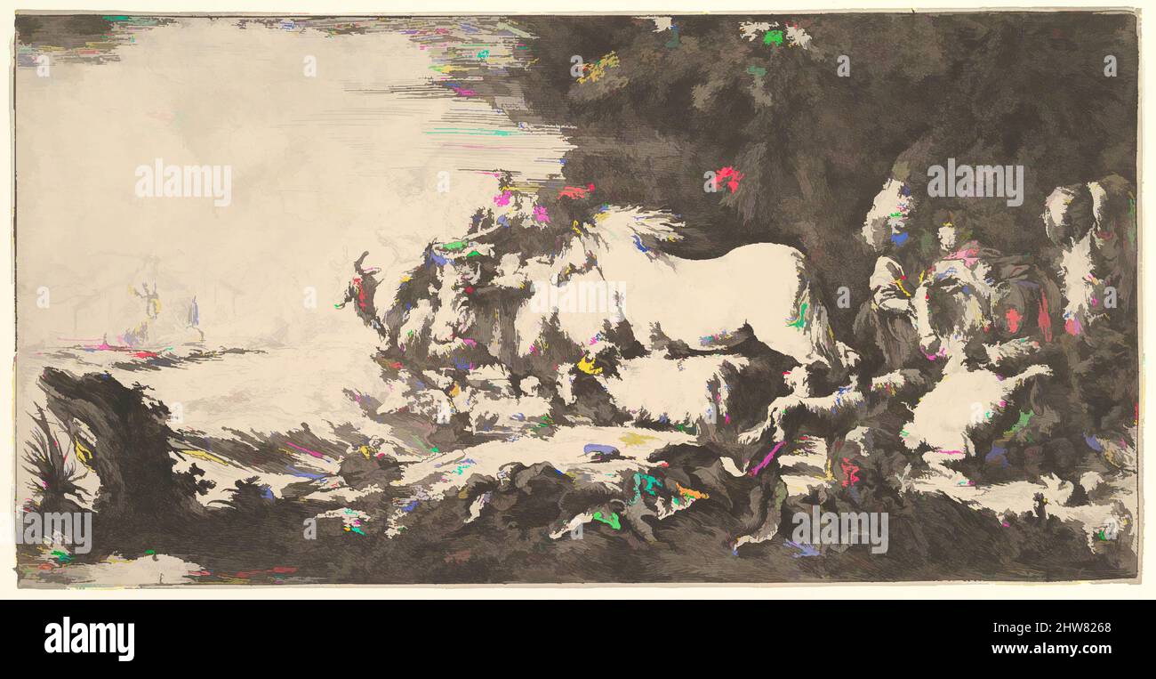 Kunst inspiriert durch den Eintritt der Tiere in die Arche Noahs, folgen drei Männer Vierbeiner und Vögeln, die im Hintergrund zur Arche schreiten, eine weitere männliche Figur weist den Weg, ca. 1650–55, Radierung, Blatt: 8 1/8 x 15 7/8 Zoll (20,7 x 40,4 cm), Drucke, Giovanni Benedetto Castiglione (Il, Klassisches Werk, modernisiert von Artotop mit einem Schuss Moderne. Formen, Farbe und Wert, auffällige visuelle Wirkung auf Kunst. Emotionen durch Freiheit von Kunstwerken auf zeitgemäße Weise. Eine zeitlose Botschaft, die eine wild kreative neue Richtung verfolgt. Künstler, die sich dem digitalen Medium zuwenden und die Artotop NFT erschaffen Stockfoto