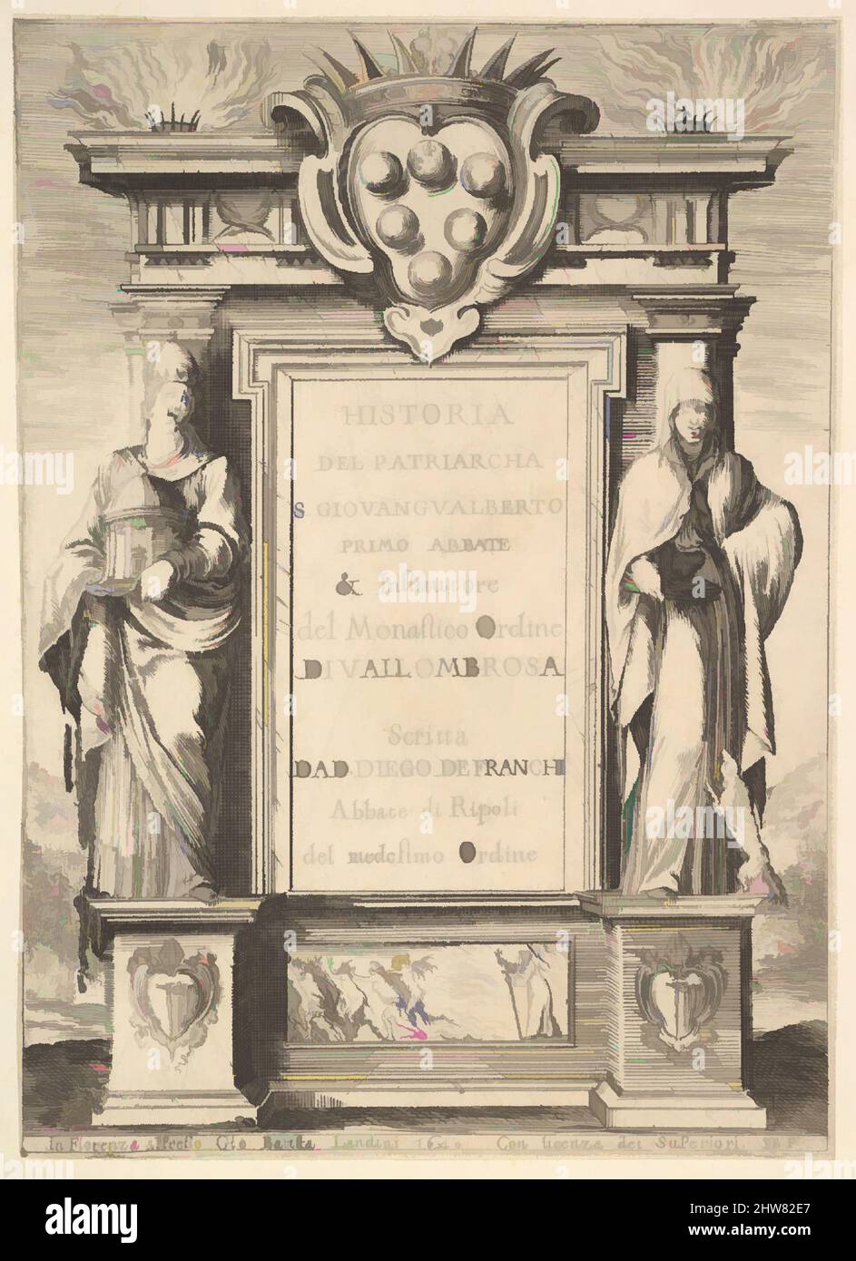 Kunst inspiriert von Frontispiz: Ein Denkmal mit dem Medici-Wappen oben in der Mitte, Flammen oben auf beiden Seiten, eine Kapuzenfigur auf der rechten Seite des Denkmals mit einem Wiesel unten, eine Figur links mit einer päpstlichen Krone, Die von Artotop modernisierten Classic Works sind eine Szene, in der ein Mönch Dämonen mit einem Kreuz jagt. Formen, Farbe und Wert, auffällige visuelle Wirkung auf Kunst. Emotionen durch Freiheit von Kunstwerken auf zeitgemäße Weise. Eine zeitlose Botschaft, die eine wild kreative neue Richtung verfolgt. Künstler, die sich dem digitalen Medium zuwenden und die Artotop NFT erschaffen Stockfoto