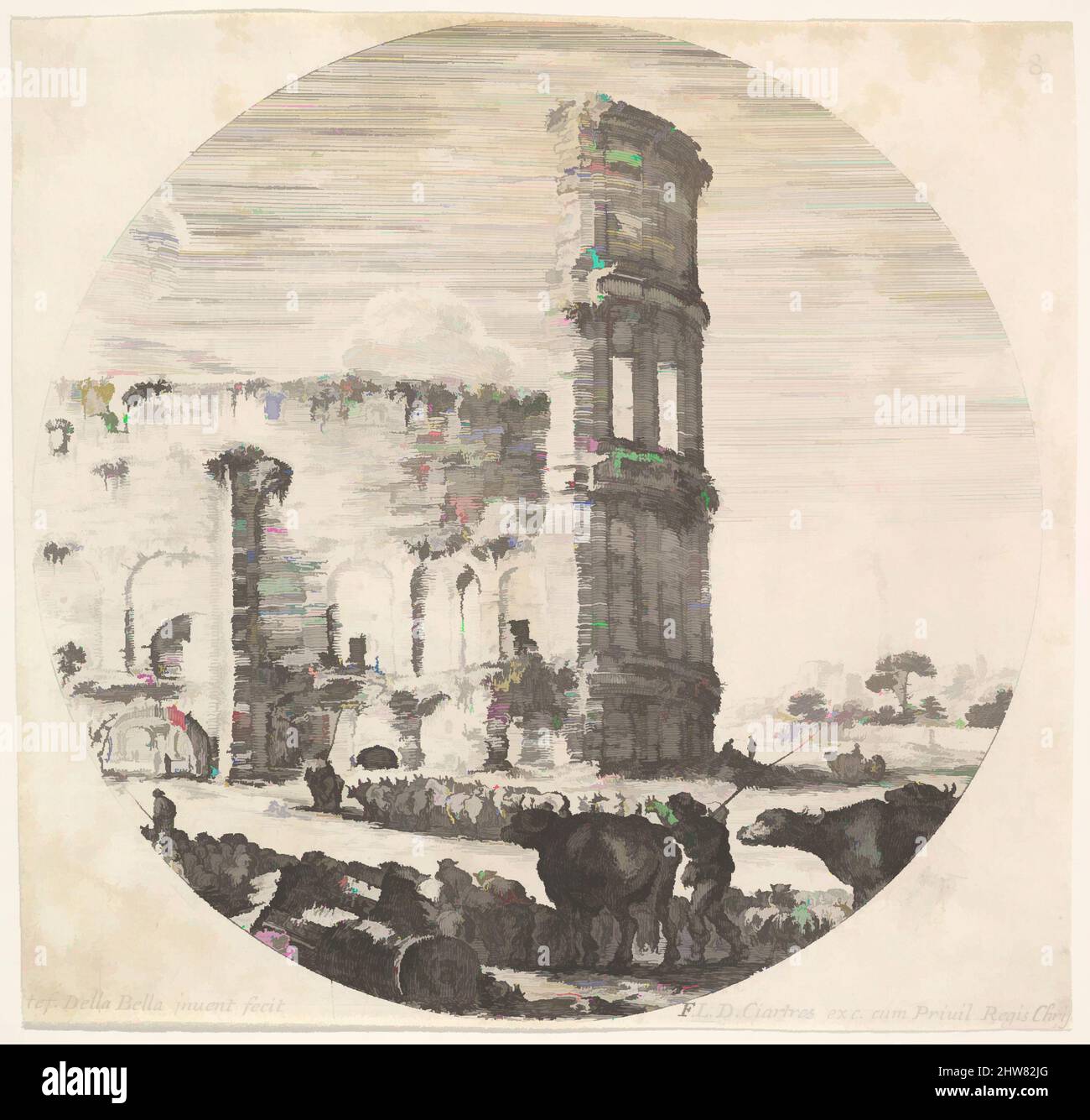 Kunst inspiriert von Tafel 8: Das Kolosseum, zwei Herden, die auf das Amphitheater im Vordergrund gerichtet sind, eine runde Komposition, aus 'römischen Landschaften und Ruinen' (Paysages et ruines de Rome), ca. 1643–48, Radierung, Blatt: 4 15/16 x 5 3/16 Zoll (12,6 x 13,2 cm), Drucke, Stefano della, Klassisches Werk, das von Artotop mit einem Schuss Modernität modernisiert wurde. Formen, Farbe und Wert, auffällige visuelle Wirkung auf Kunst. Emotionen durch Freiheit von Kunstwerken auf zeitgemäße Weise. Eine zeitlose Botschaft, die eine wild kreative neue Richtung verfolgt. Künstler, die sich dem digitalen Medium zuwenden und die Artotop NFT erschaffen Stockfoto