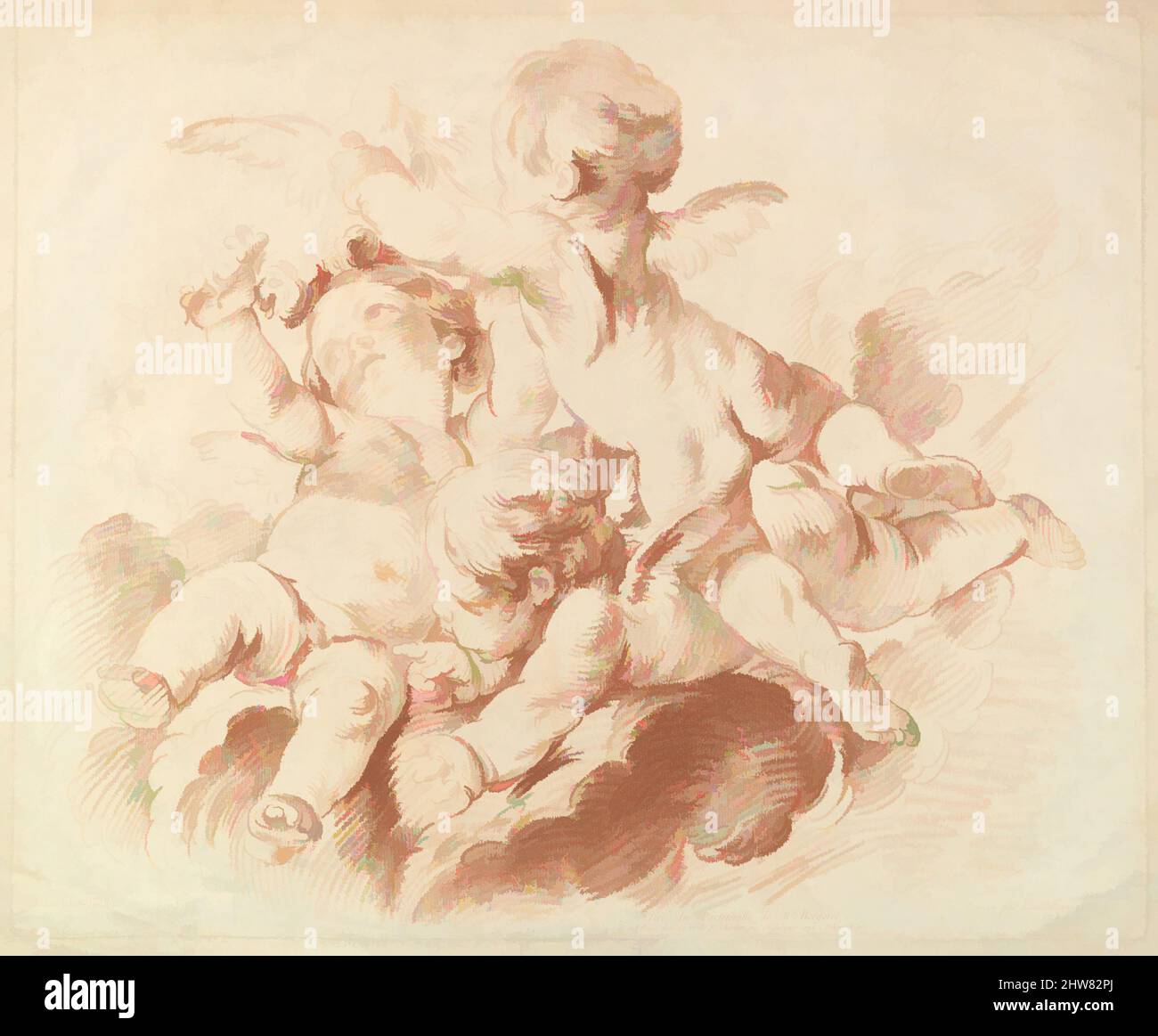 Kunst inspiriert von L'Air (The Air): Eine Gruppe von drei Putti auf Wolken, 18.. Jahrhundert, Crayon-Manner-Gravur in roter Tinte, Blatt: 20 5/8 x 15 7/8 Zoll (52,4 x 40,3 cm), Drucke, Louis Marin Bonnet (Französisch, Paris 1736–1793 Saint-Mandé, Val-de-Marne), After François Boucher (Französisch, Paris 1703–, Klassische Werke, die von Artotop mit einem Schuss Moderne modernisiert wurden. Formen, Farbe und Wert, auffällige visuelle Wirkung auf Kunst. Emotionen durch Freiheit von Kunstwerken auf zeitgemäße Weise. Eine zeitlose Botschaft, die eine wild kreative neue Richtung verfolgt. Künstler, die sich dem digitalen Medium zuwenden und die Artotop NFT erschaffen Stockfoto