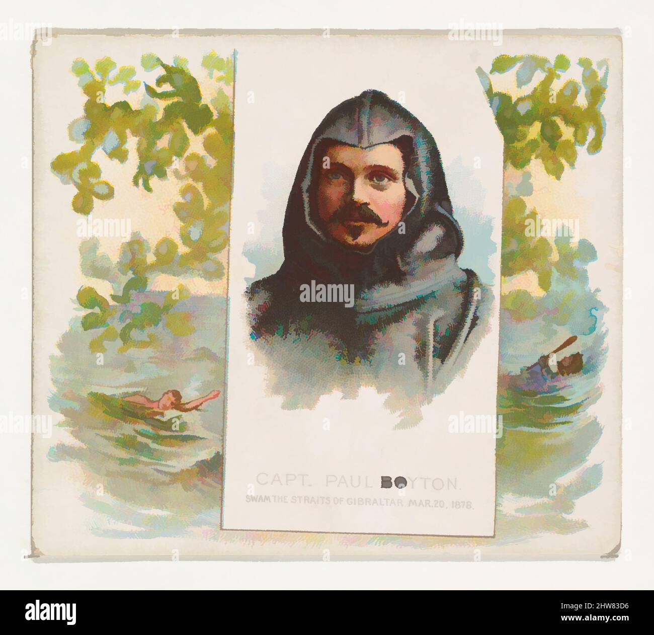 Kunst inspiriert von Captain Paul Boyton, schwamm die Straße von Gibraltar, von World's Champions, Second Series (N43) for Allen & Ginter Cigarettes, 1888, kommerzielle Lithographie, Blatt: 2 15/16 x 3 1/4 Zoll (7,4 x 8,3 cm), Trade Cards from 'World's Champions', Second Series (N43), herausgegeben in, Classic Works modernisiert von Artotop mit einem Schuss Moderne. Formen, Farbe und Wert, auffällige visuelle Wirkung auf Kunst. Emotionen durch Freiheit von Kunstwerken auf zeitgemäße Weise. Eine zeitlose Botschaft, die eine wild kreative neue Richtung verfolgt. Künstler, die sich dem digitalen Medium zuwenden und die Artotop NFT erschaffen Stockfoto