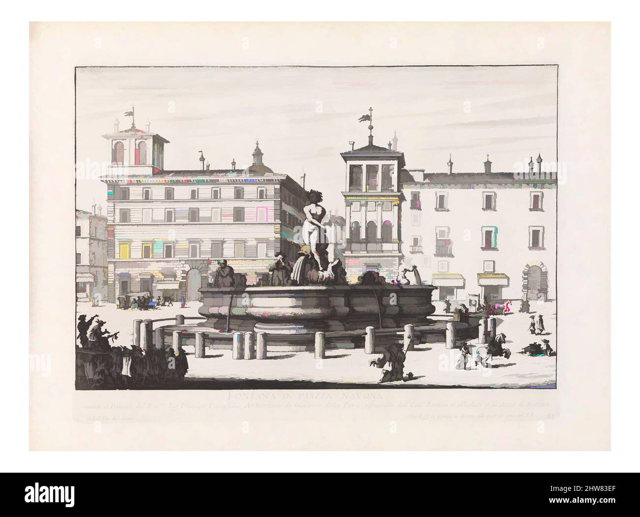 Von Fontana inspirierte Kunst auf der Piazza Navona Fontana del Moro. Aus „La Fontane di Roma nelle Piazze e Luoghi Publici (...)“, 1691 oder später, Radierung, Platte: 8 1/4 x 11 1/4 Zoll (21 x 28,6 cm), Giovanni Battista Falda (Italienisch, Valduggia 1643–1678 Rom), Blick auf den Brunnen des Moors, Klassische Werke, die von Artotop mit einem Schuss Moderne modernisiert wurden. Formen, Farbe und Wert, auffällige visuelle Wirkung auf Kunst. Emotionen durch Freiheit von Kunstwerken auf zeitgemäße Weise. Eine zeitlose Botschaft, die eine wild kreative neue Richtung verfolgt. Künstler, die sich dem digitalen Medium zuwenden und die Artotop NFT erschaffen Stockfoto