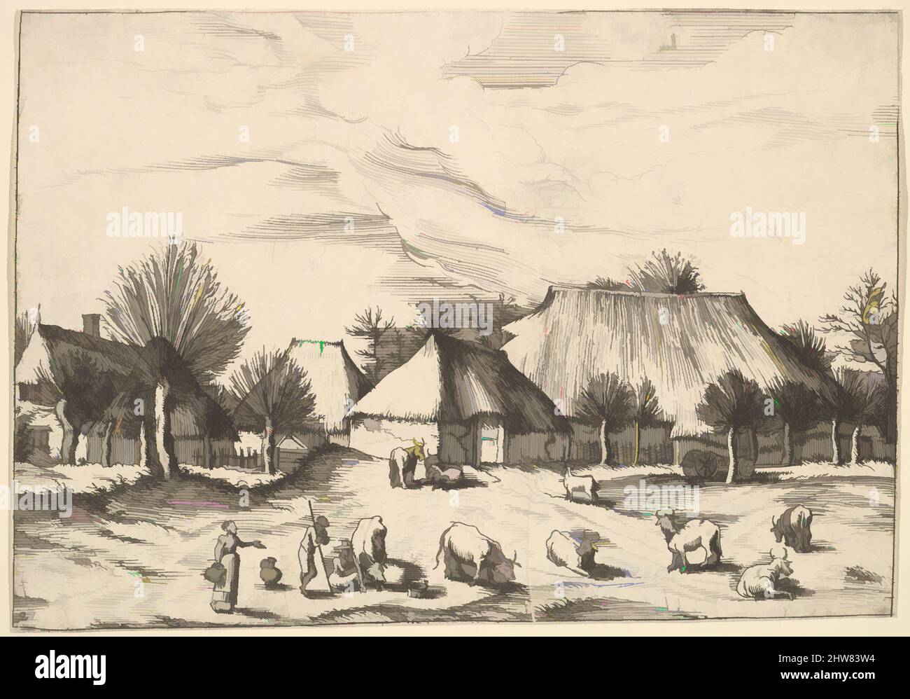 Kunst inspiriert von Bauernhöfen, Rindern mit Hirten und Milchköpfen im Vordergrund aus Multifarariarum cavularum ruriumque lineamenta curiose ad vivum expressa, 1559–61, Radierung; vierter Zustand von fünf, Blatt: 5 5/16 x 7 1/2 Zoll (13,5 x 19,1 cm), Drucke, Johannes van Doetecum der Ältere (, Klassische Werke, die von Artotop mit einem Schuss Moderne modernisiert wurden. Formen, Farbe und Wert, auffällige visuelle Wirkung auf Kunst. Emotionen durch Freiheit von Kunstwerken auf zeitgemäße Weise. Eine zeitlose Botschaft, die eine wild kreative neue Richtung verfolgt. Künstler, die sich dem digitalen Medium zuwenden und die Artotop NFT erschaffen Stockfoto